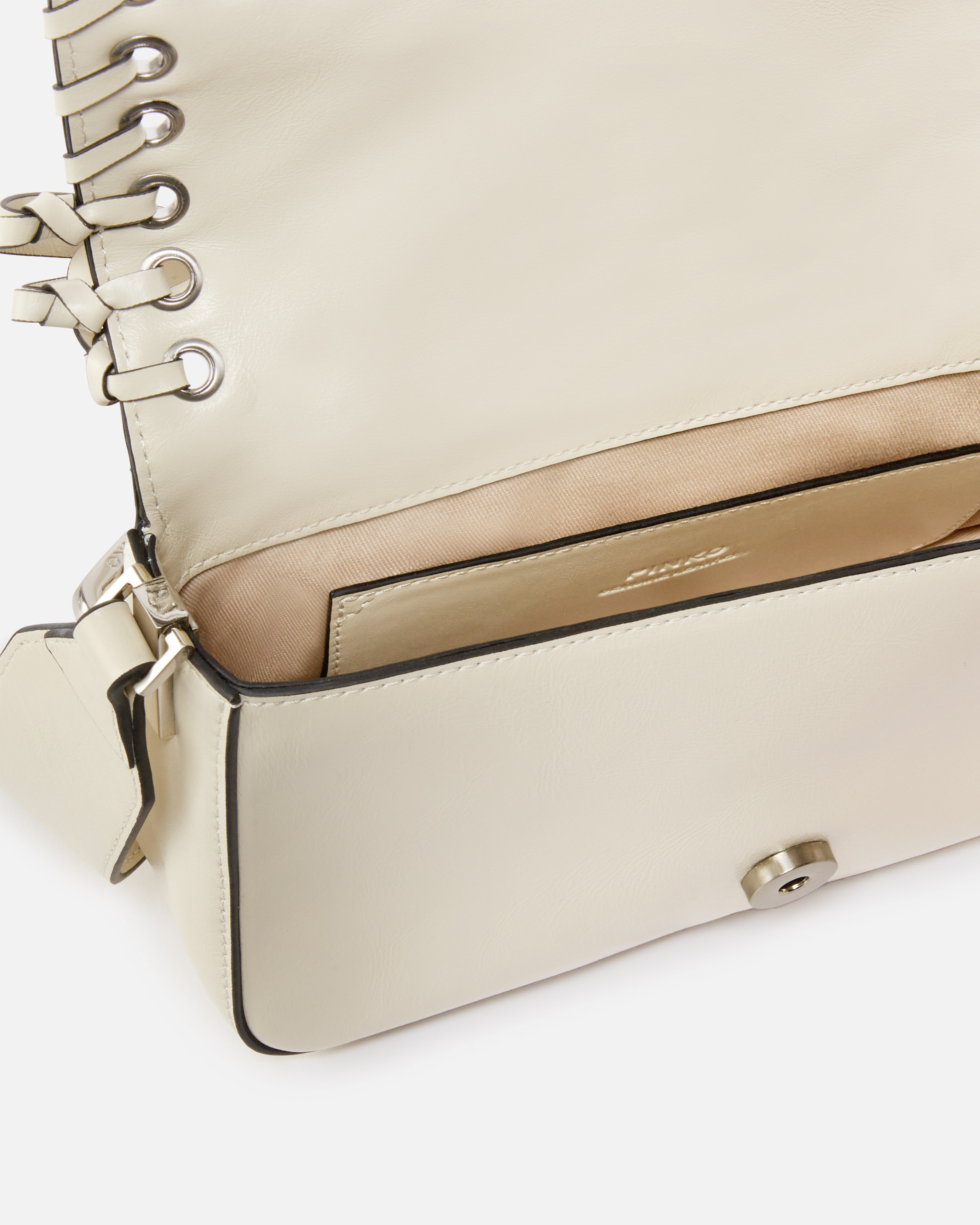 Pinko Soft Love Bag Slouchy Shoulder Bag With Fringes In Bianco Seta-brushed Silver