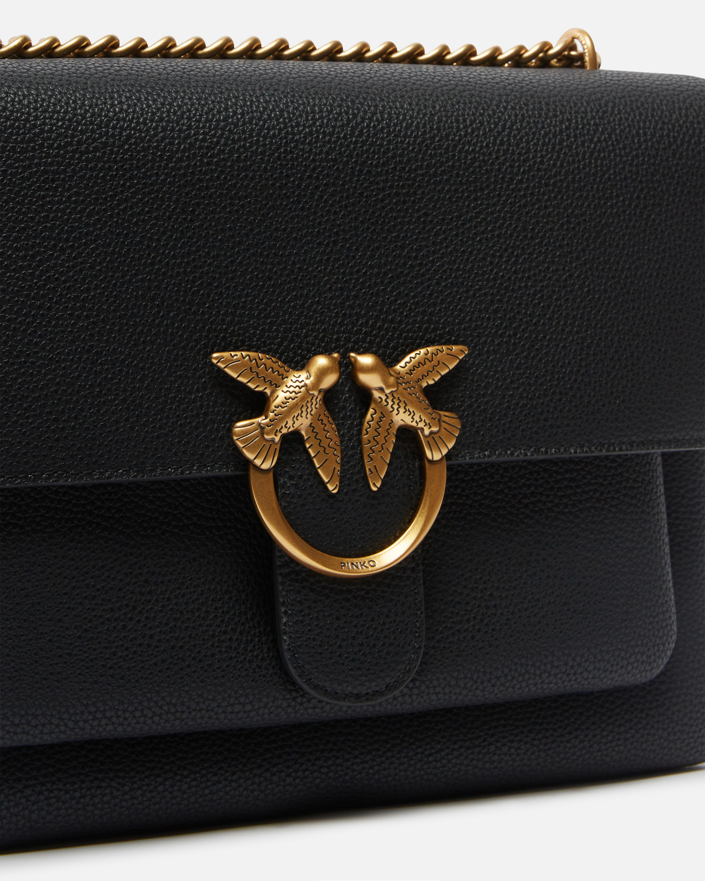 Pinko 'love One' Black Shoulder Bag With Love Birds Diamond Cut Logo On The Front In Black-antique Gold