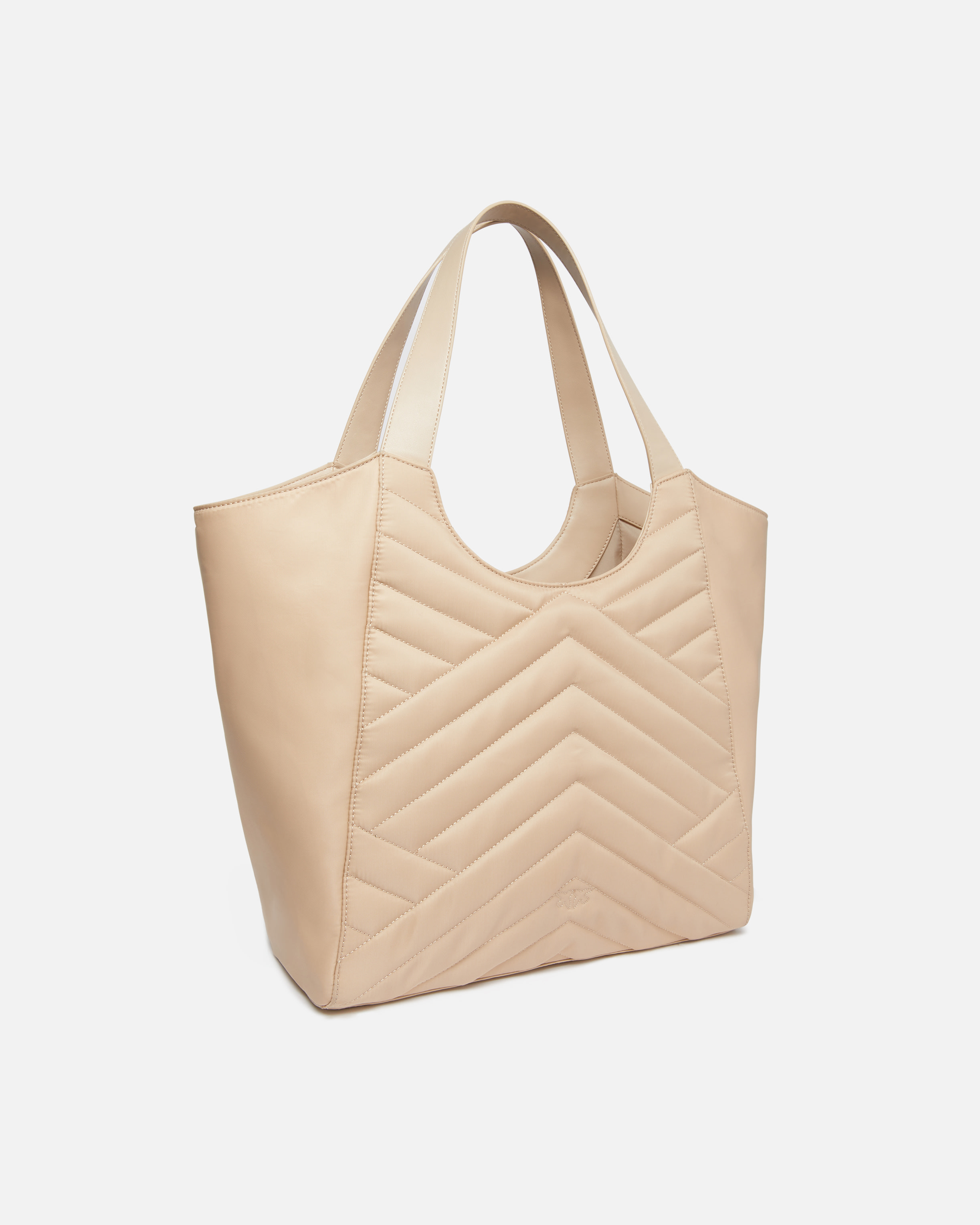 Pinko Shopper Bag In Puzzle-quilted Recycled Fabric In Beige-smoke Grey-antique Gold
