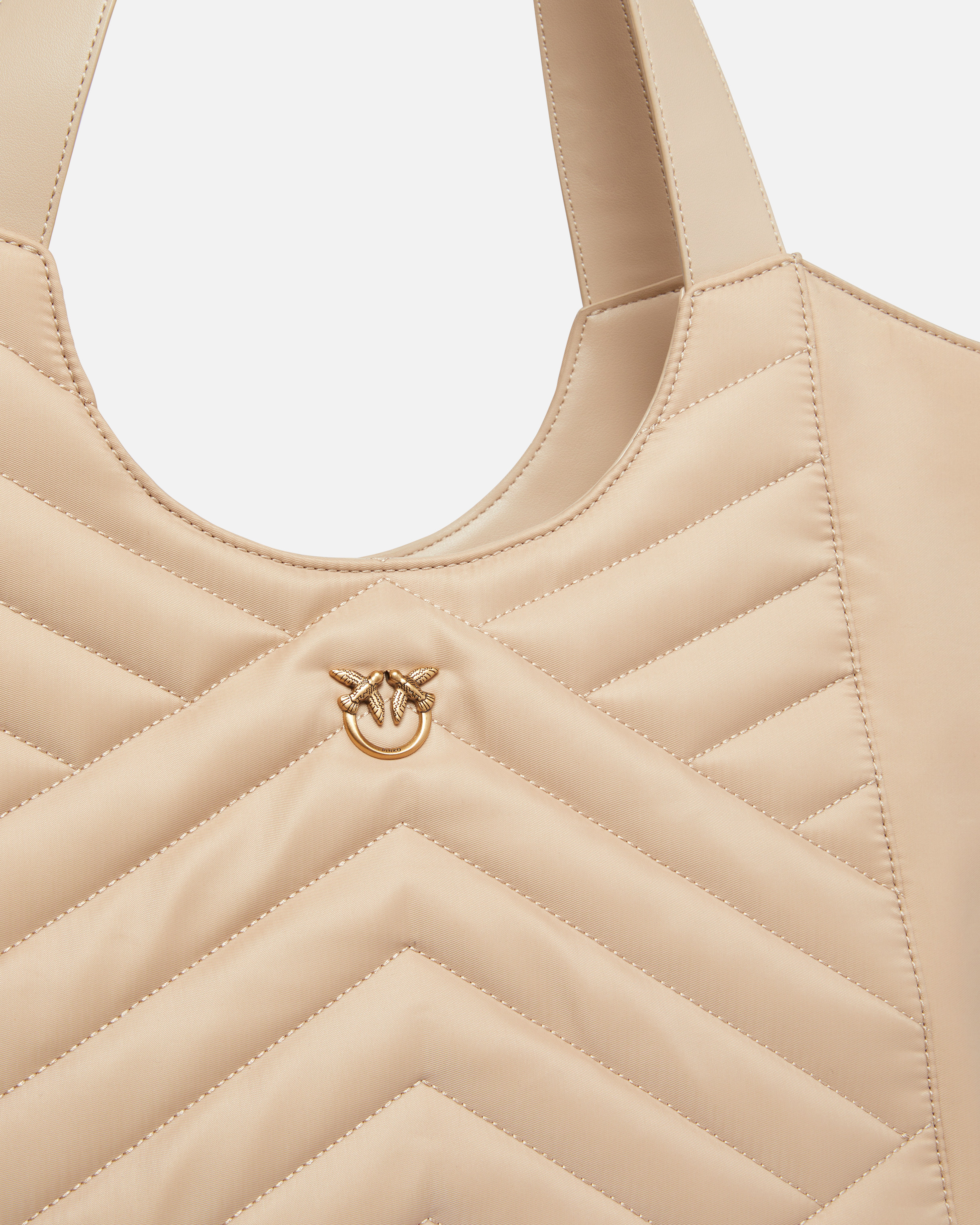 Pinko Shopper Bag In Puzzle-quilted Recycled Fabric In Beige-smoke Grey-antique Gold