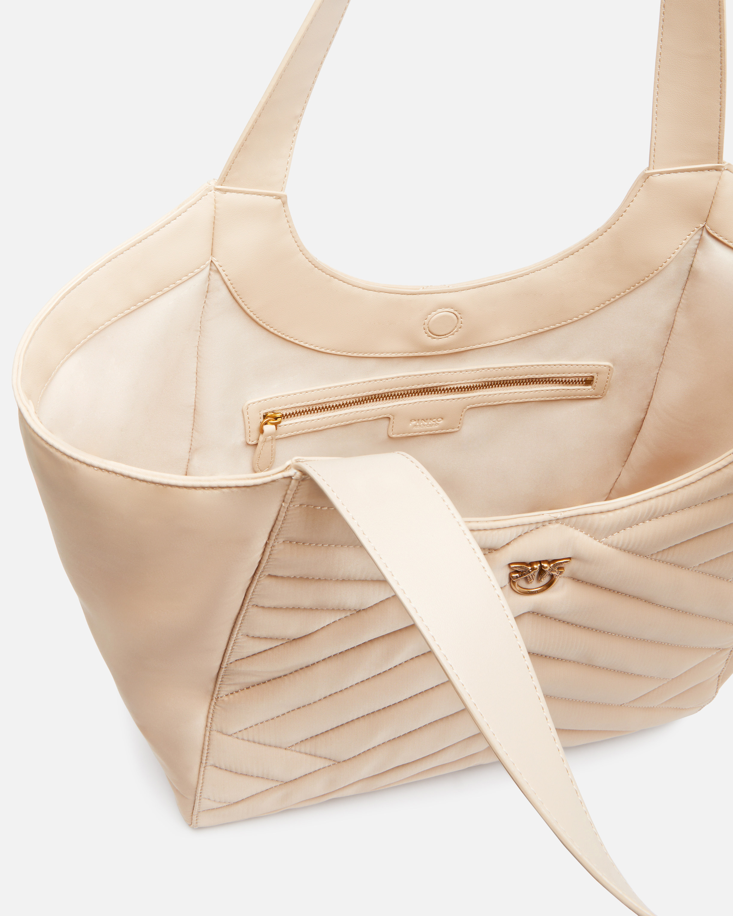 Pinko Shopper Bag In Puzzle-quilted Recycled Fabric In Beige-smoke Grey-antique Gold