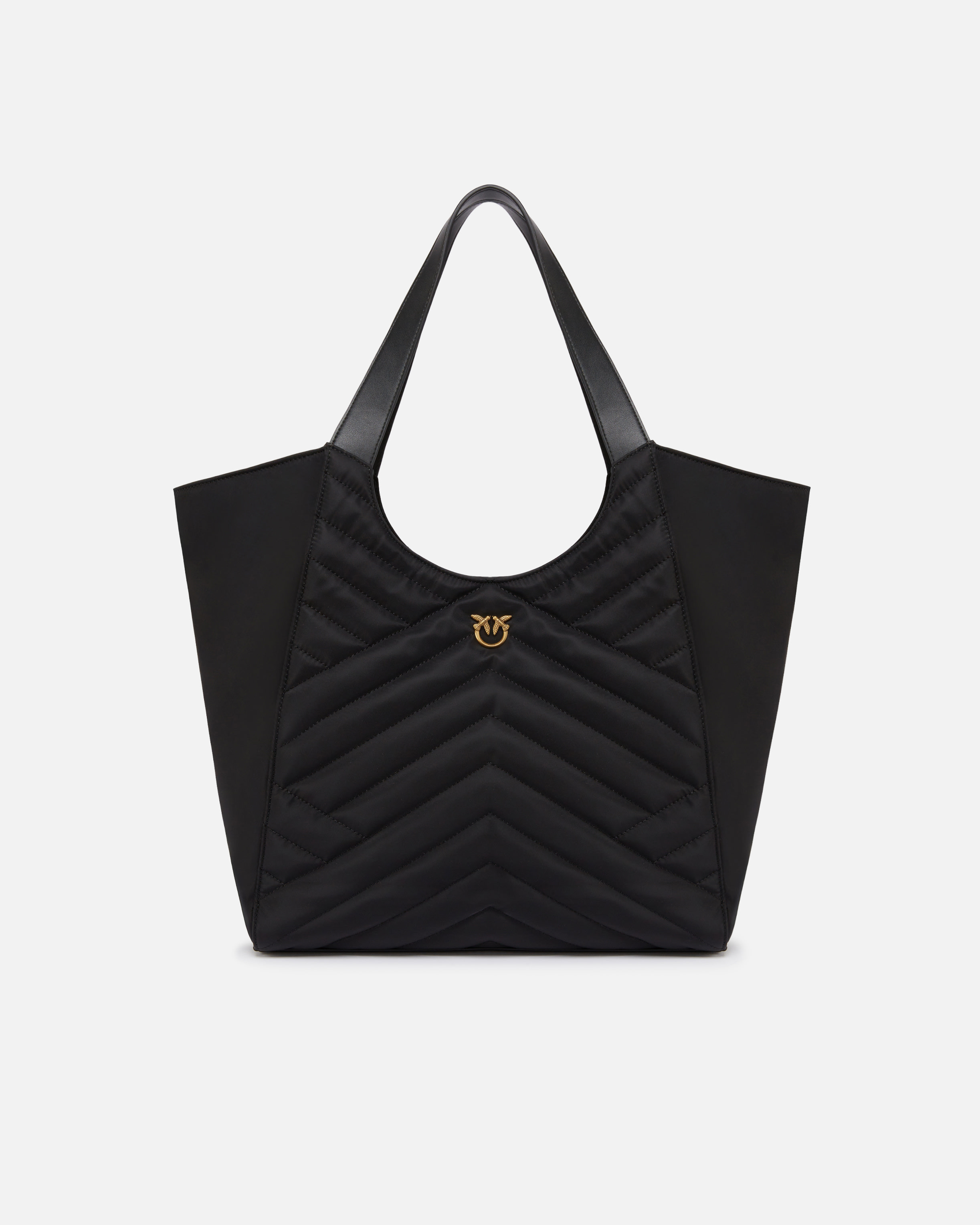 Pinko Shopper Bag In Puzzle-quilted Recycled Fabric In Noir-vieil Or