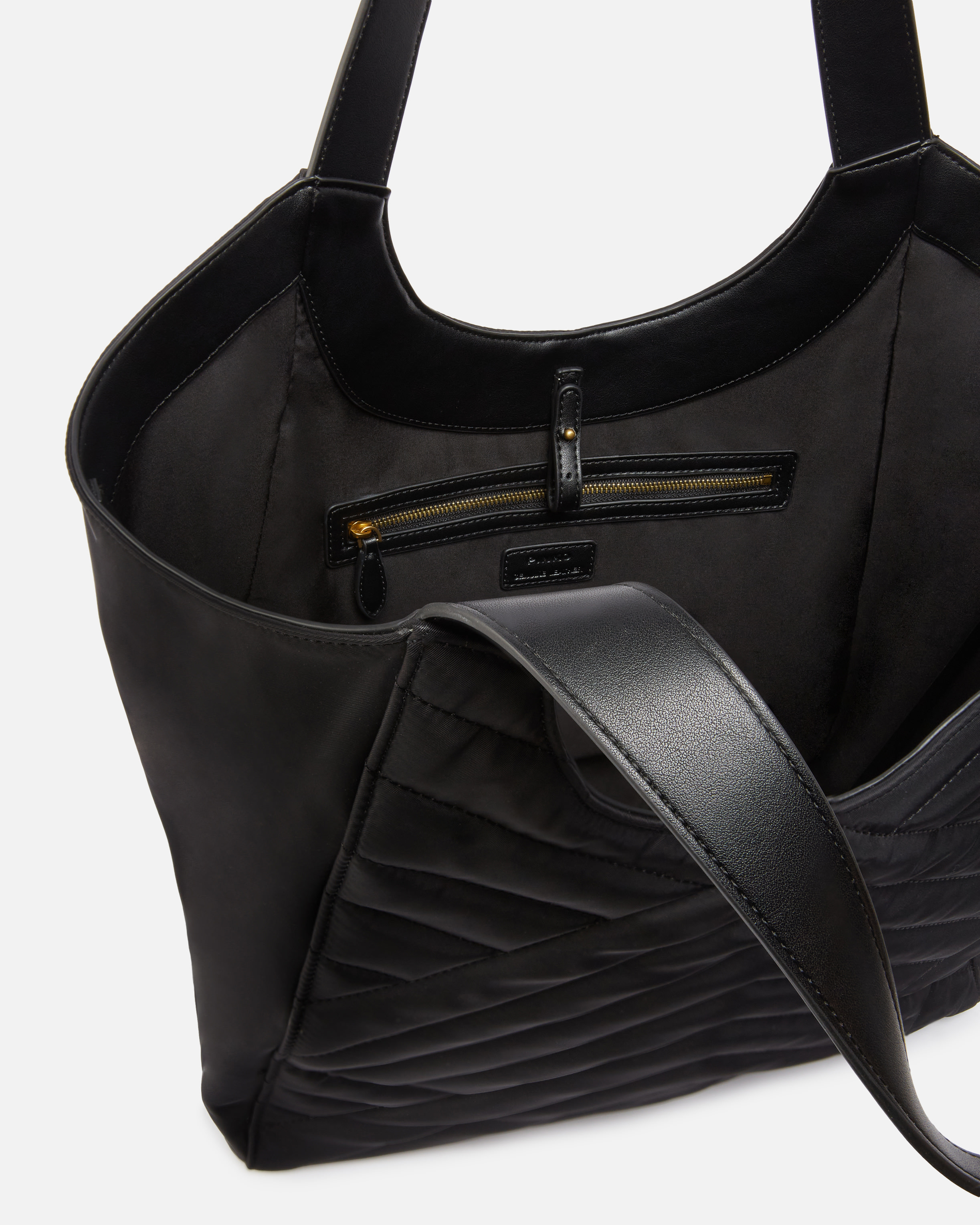 Pinko Shopper Bag In Puzzle-quilted Recycled Fabric In Noir-vieil Or
