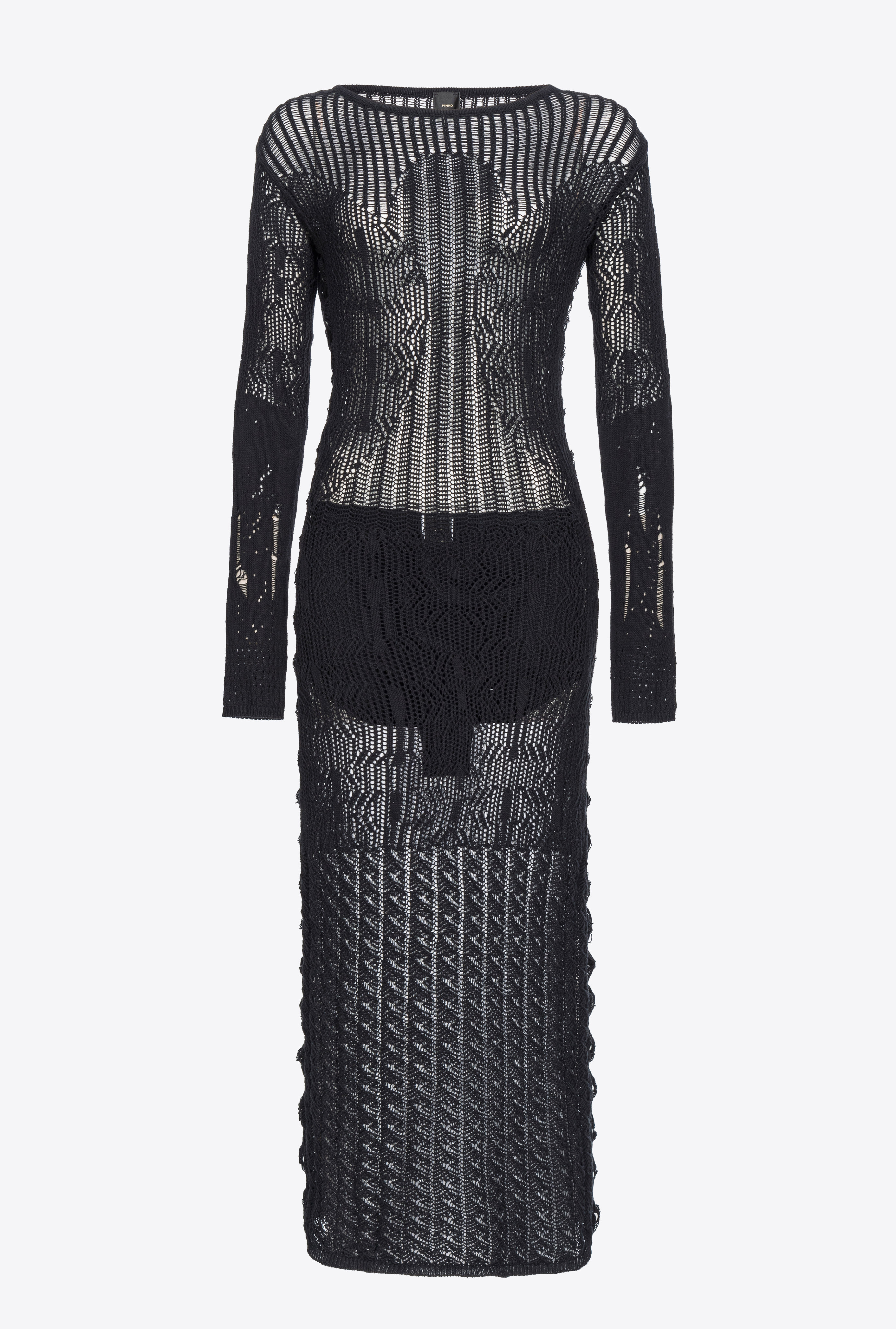 Pinko Long Crochet Knit Dress In Black