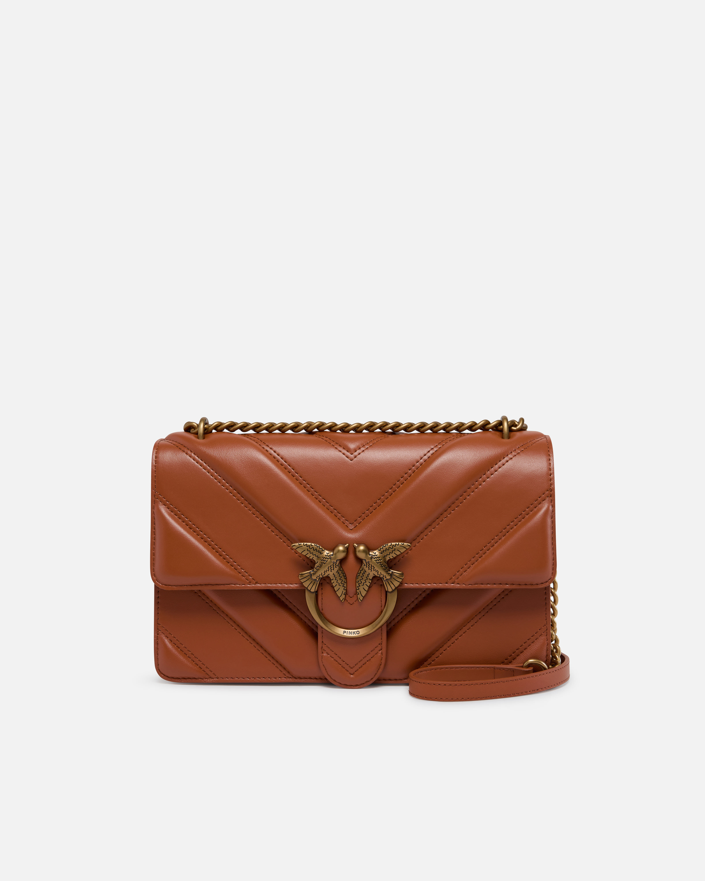 Pinko Love Bag Quilted Crossbody Bag With Chevron Motif And Logo In Crude Brick-antique Gold