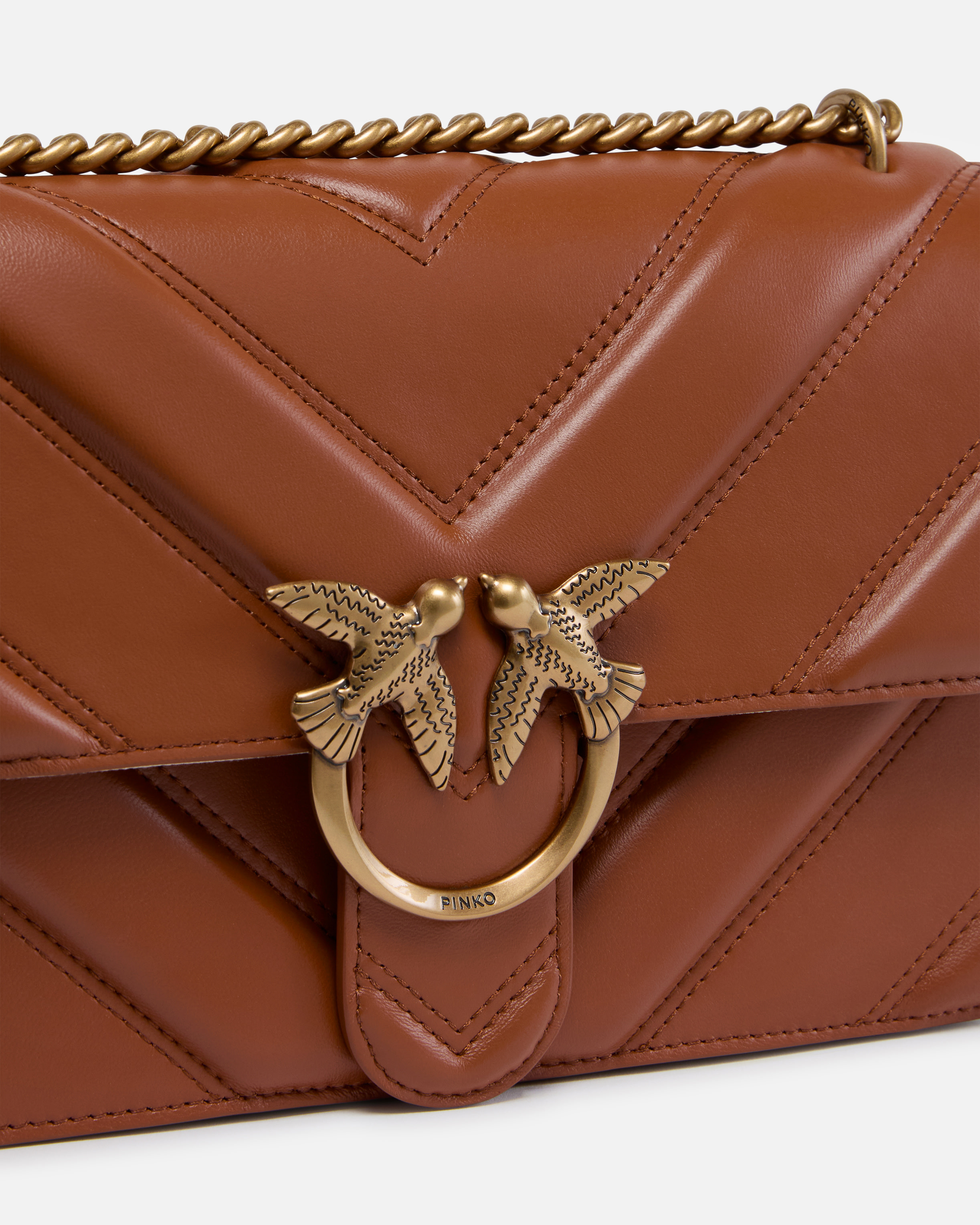 Pinko Love Bag Quilted Crossbody Bag With Chevron Motif And Logo In Crude Brick-antique Gold