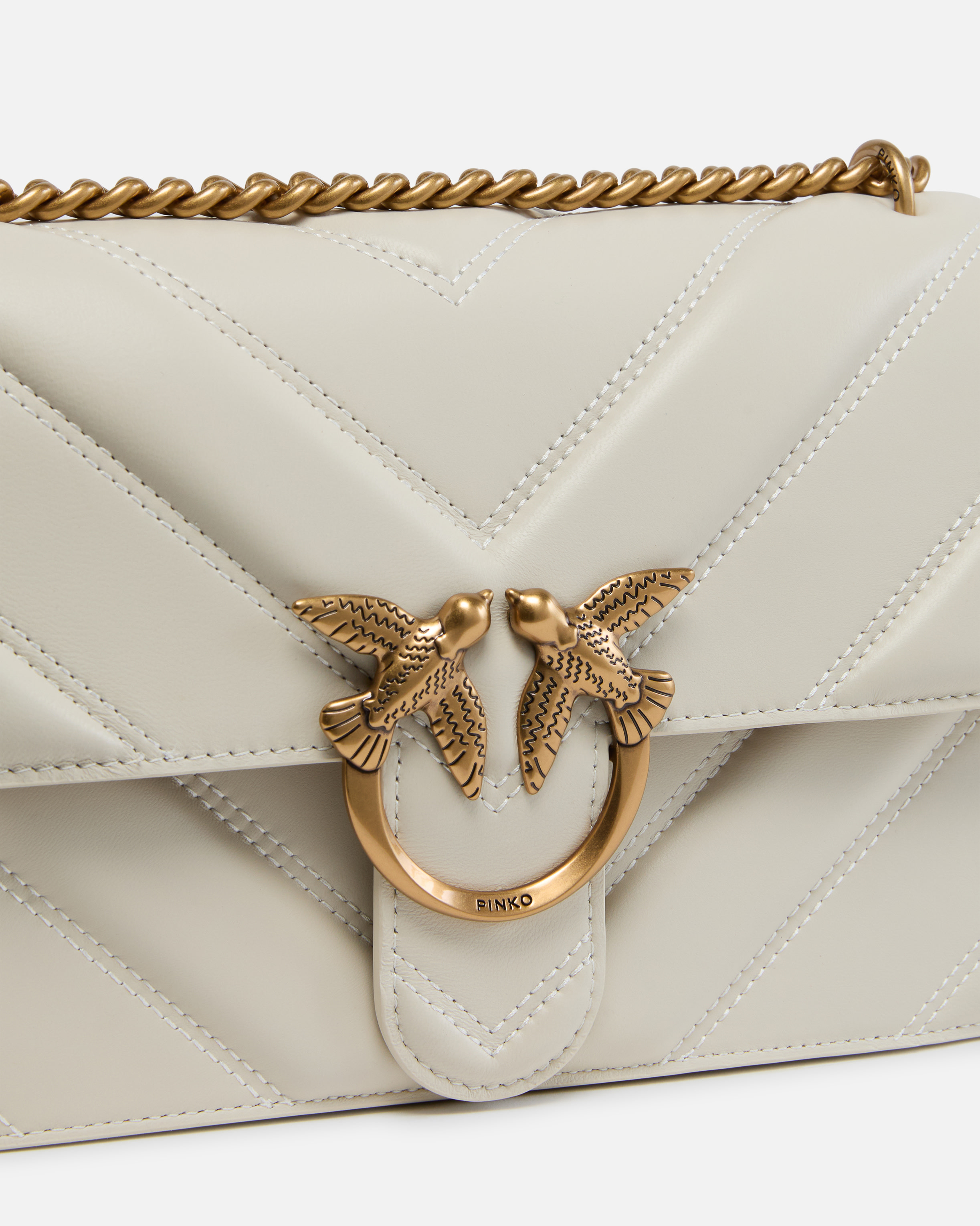 Pinko Love Bag Quilted Crossbody Bag With Chevron Motif And Logo In White+white-antique Gold