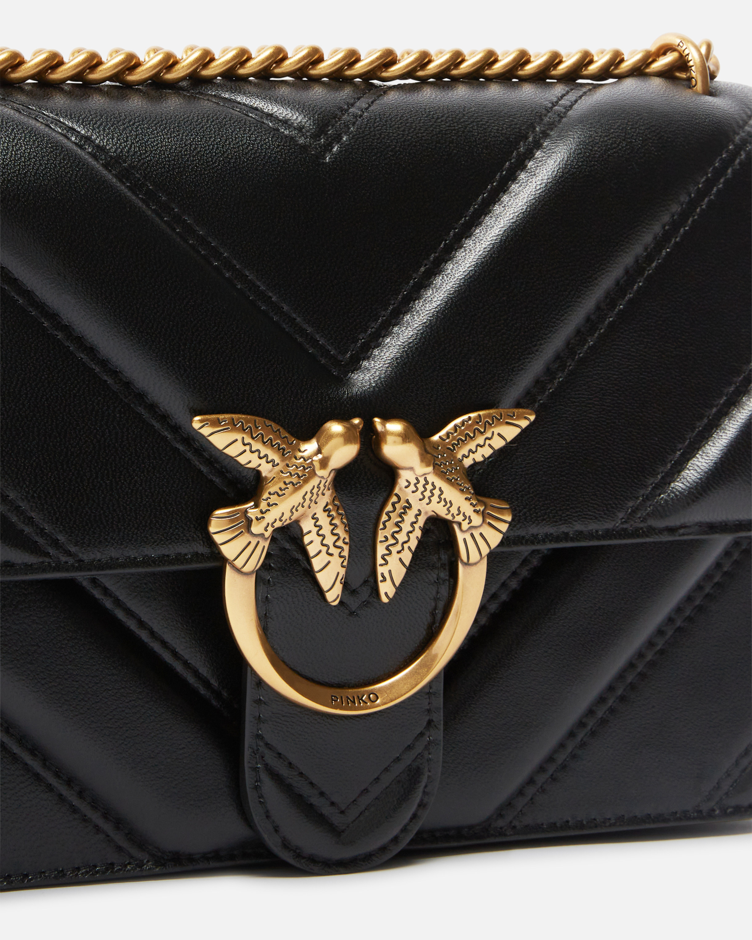 Pinko Love Bag Quilted Shoulder Bag With V-design And Logo In Black-antique Gold