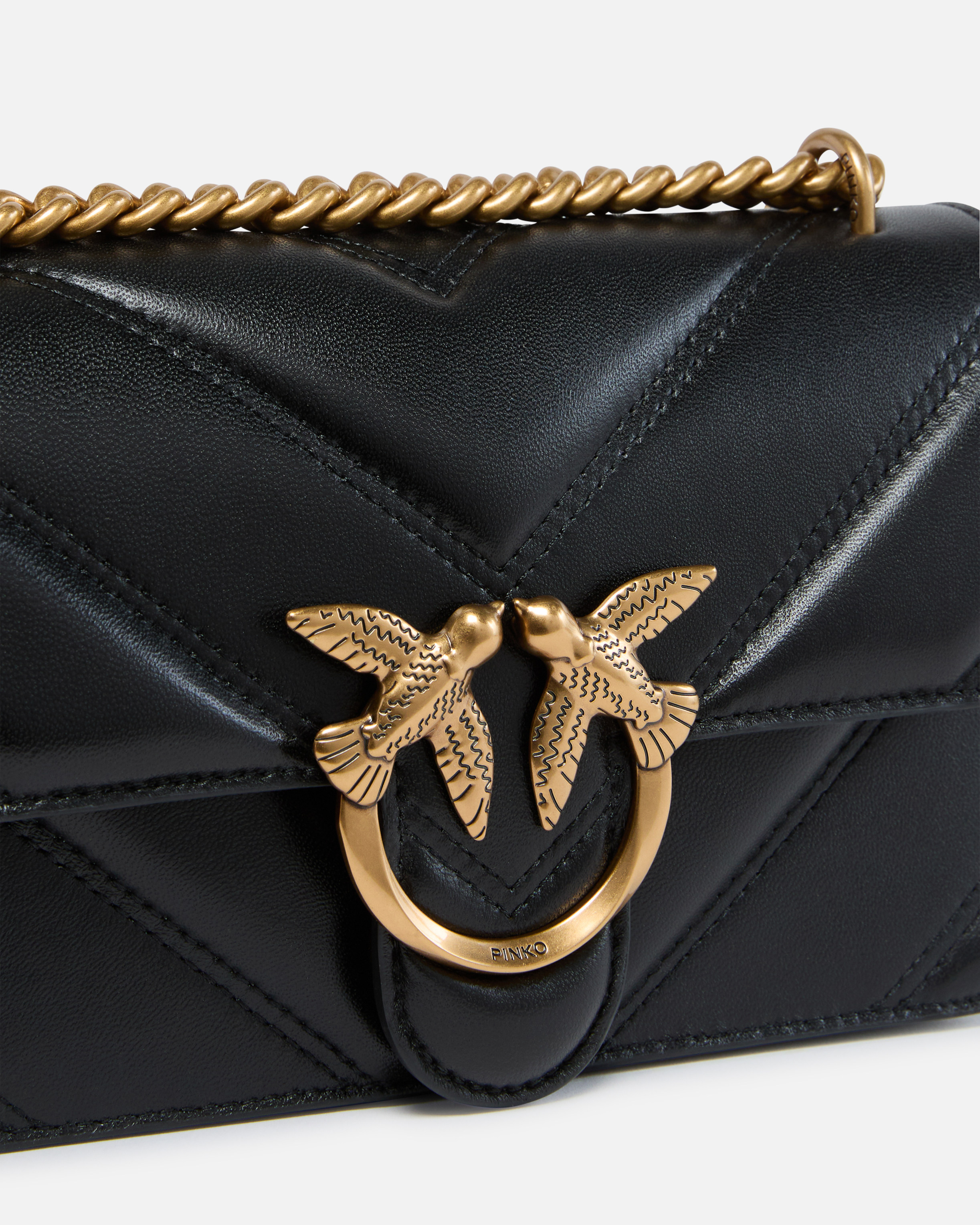 Pinko Love Bag Mini Chevron-quilted Nappa Leather Crossbody Bag In Black-antique Gold