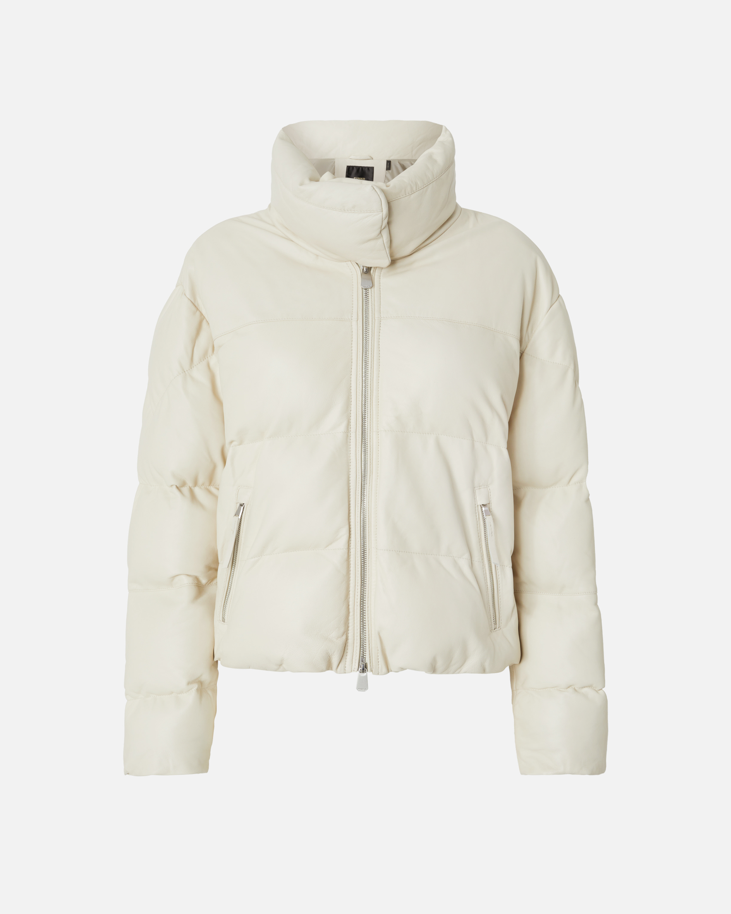 Pinko Short Padded Jacket In High-neck Leather In Gris Doublure Argent