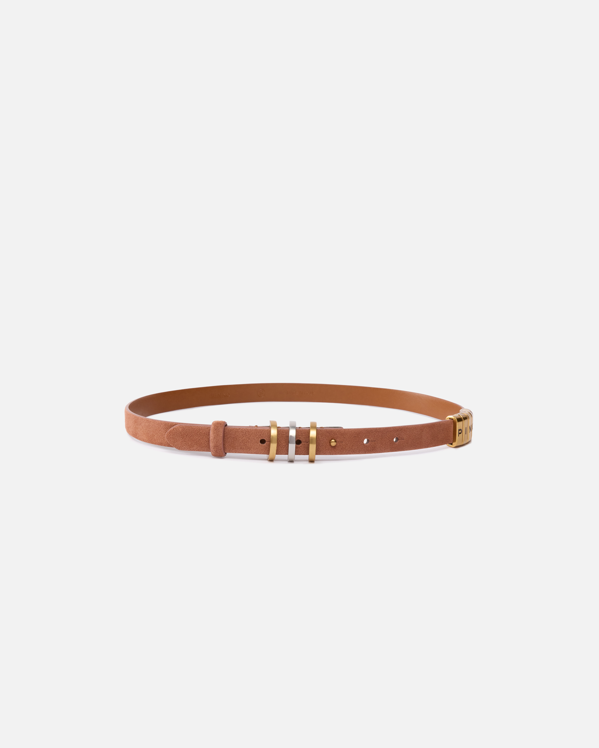 Pinko Thin Suede Belt With Logo-branded Rings In Arabic-mix Gal. Gold-nikel
