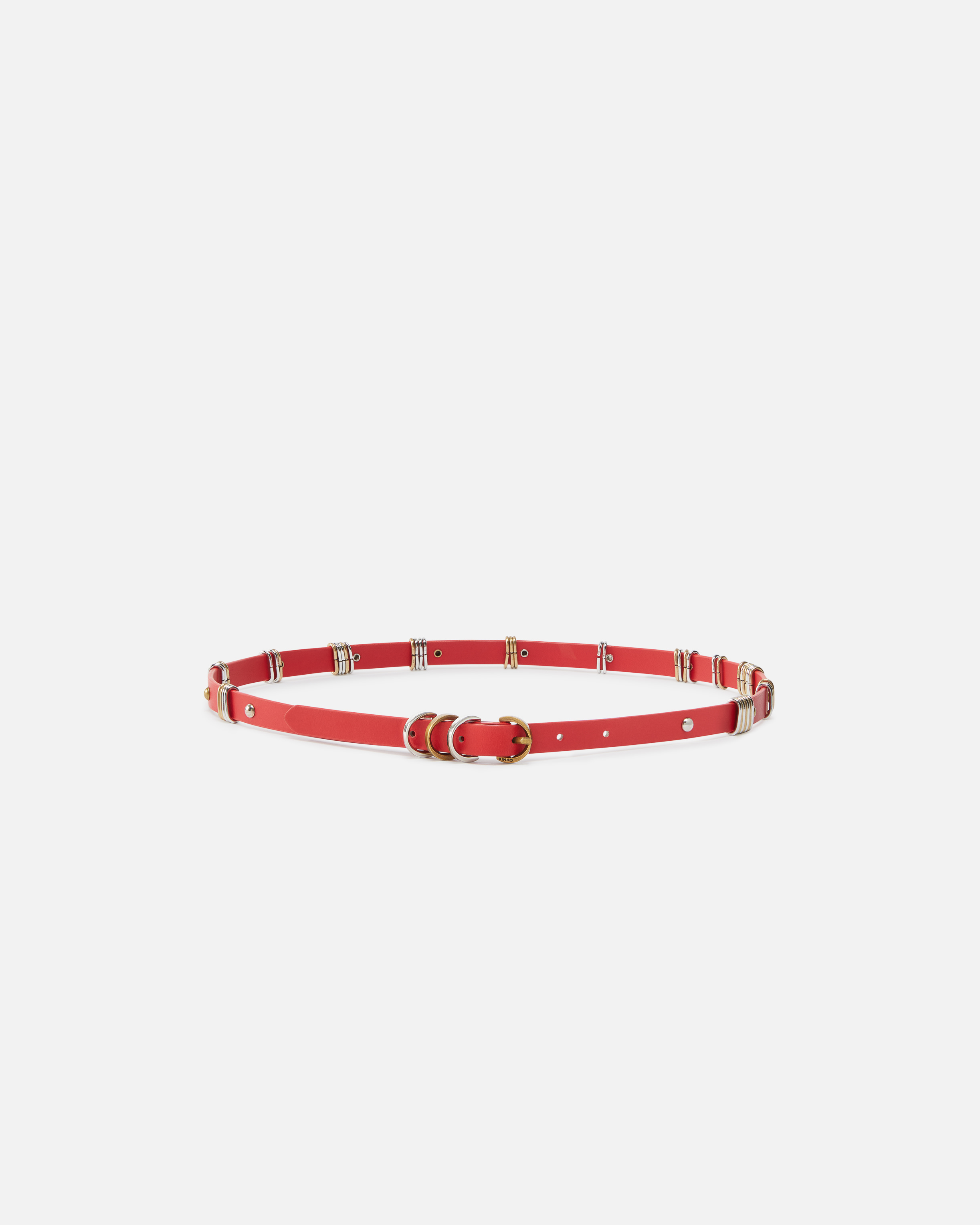 Pinko Thin Leather Belt With Metal Rings In Rosso-mix Gal. Gold-nikel