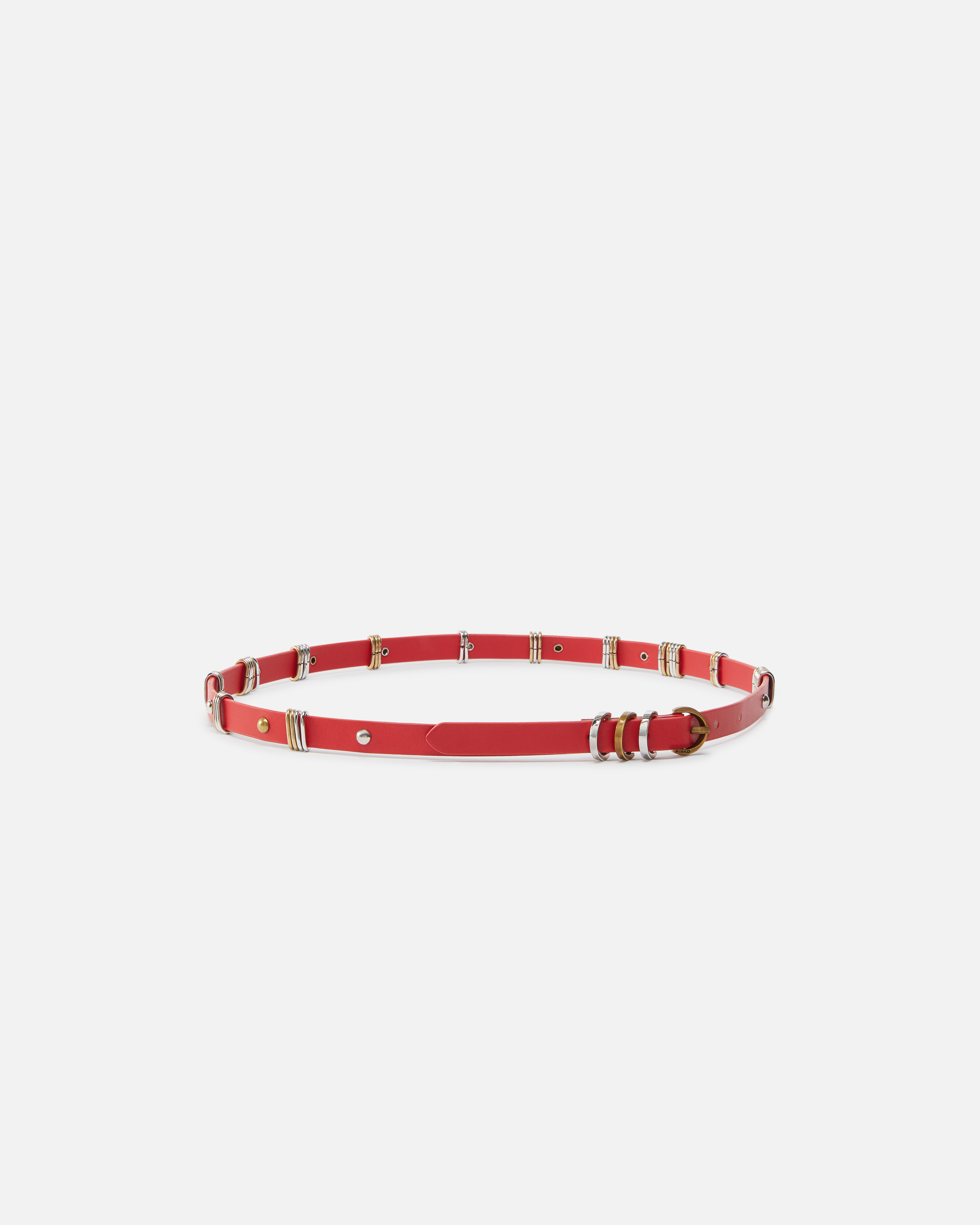 Pinko Thin Leather Belt With Metal Rings In Rosso-mix Gal. Gold-nikel