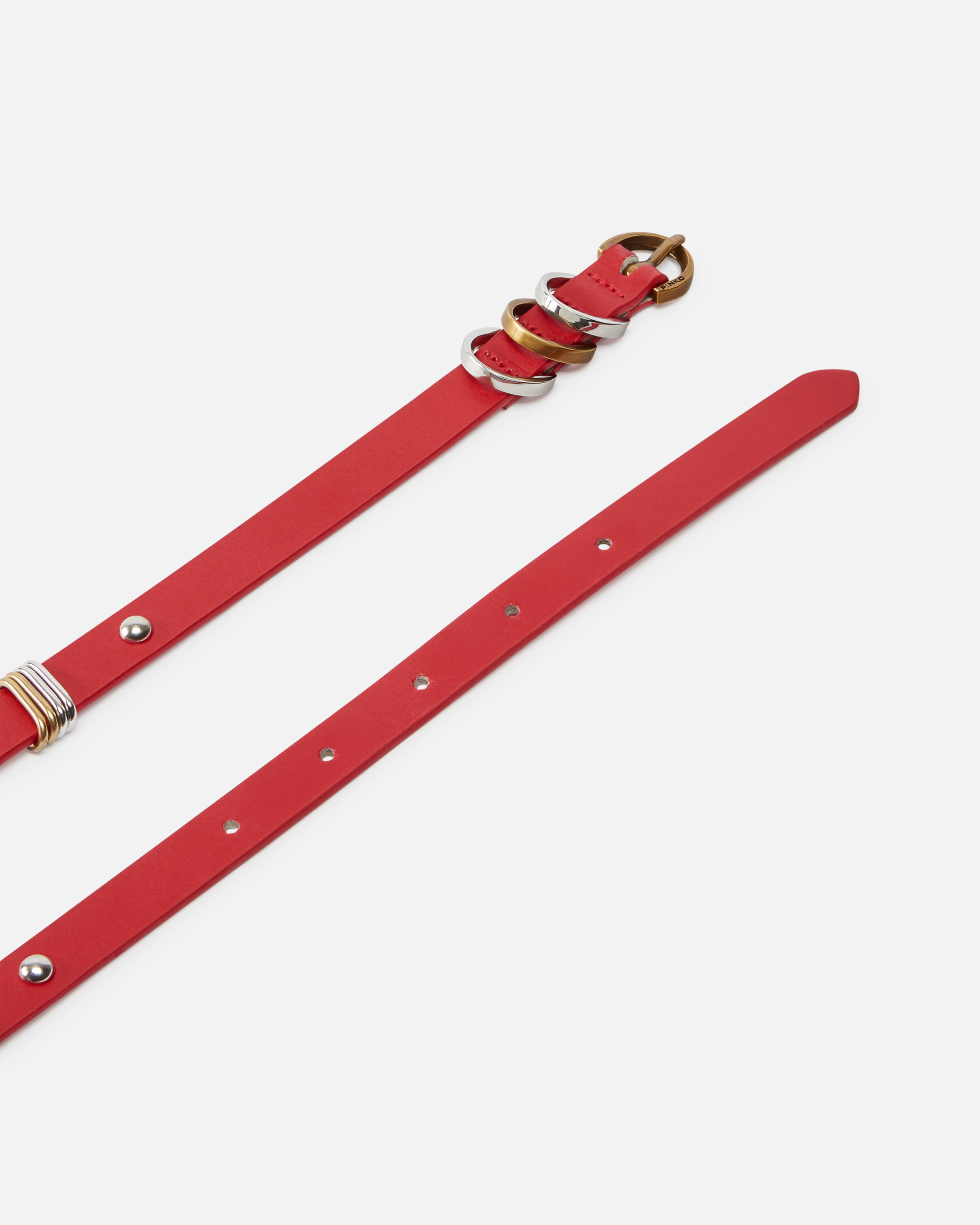 Pinko Thin Leather Belt With Metal Rings In Rosso-mix Gal. Gold-nikel