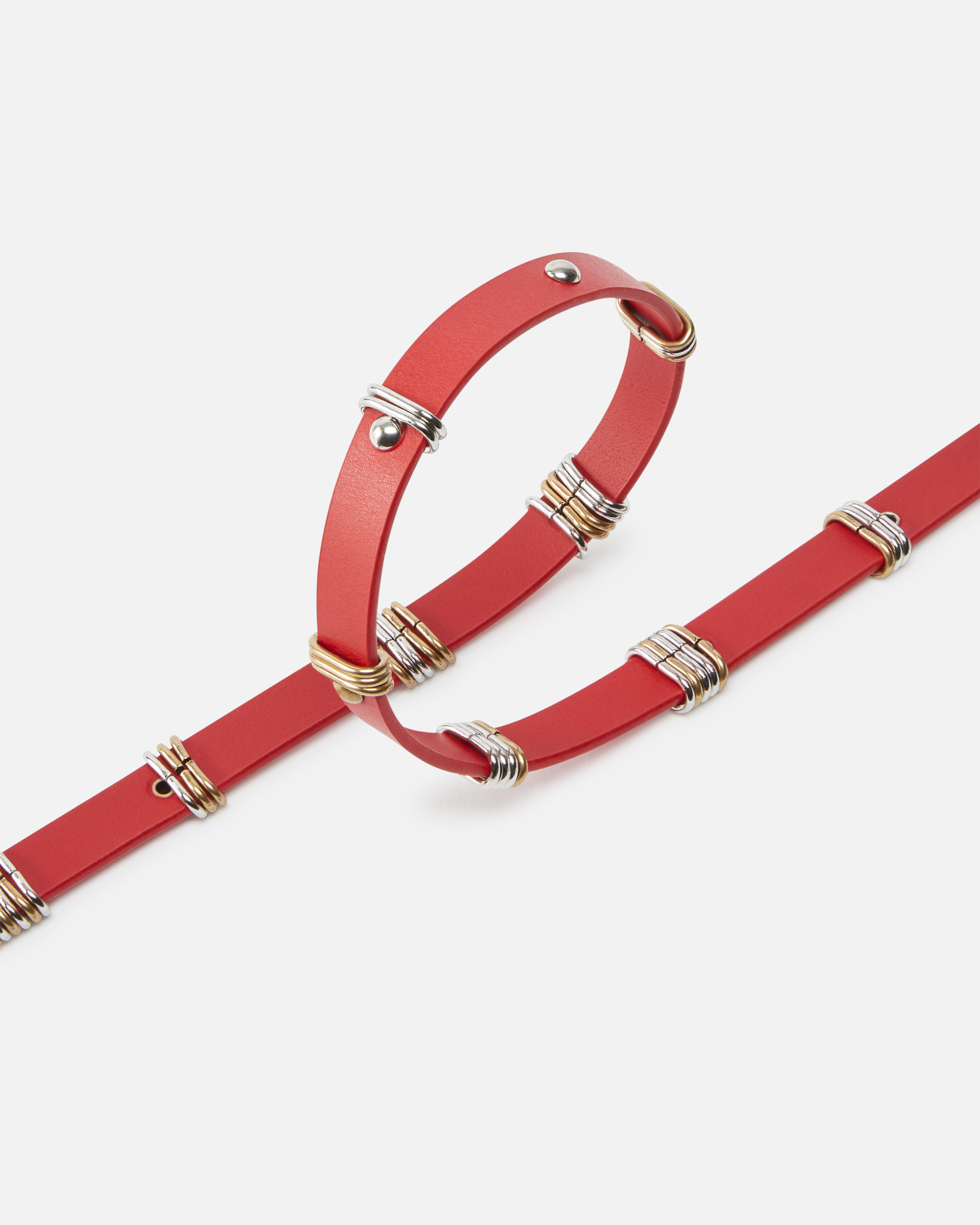 Pinko Thin Leather Belt With Metal Rings In Rosso-mix Gal. Gold-nikel