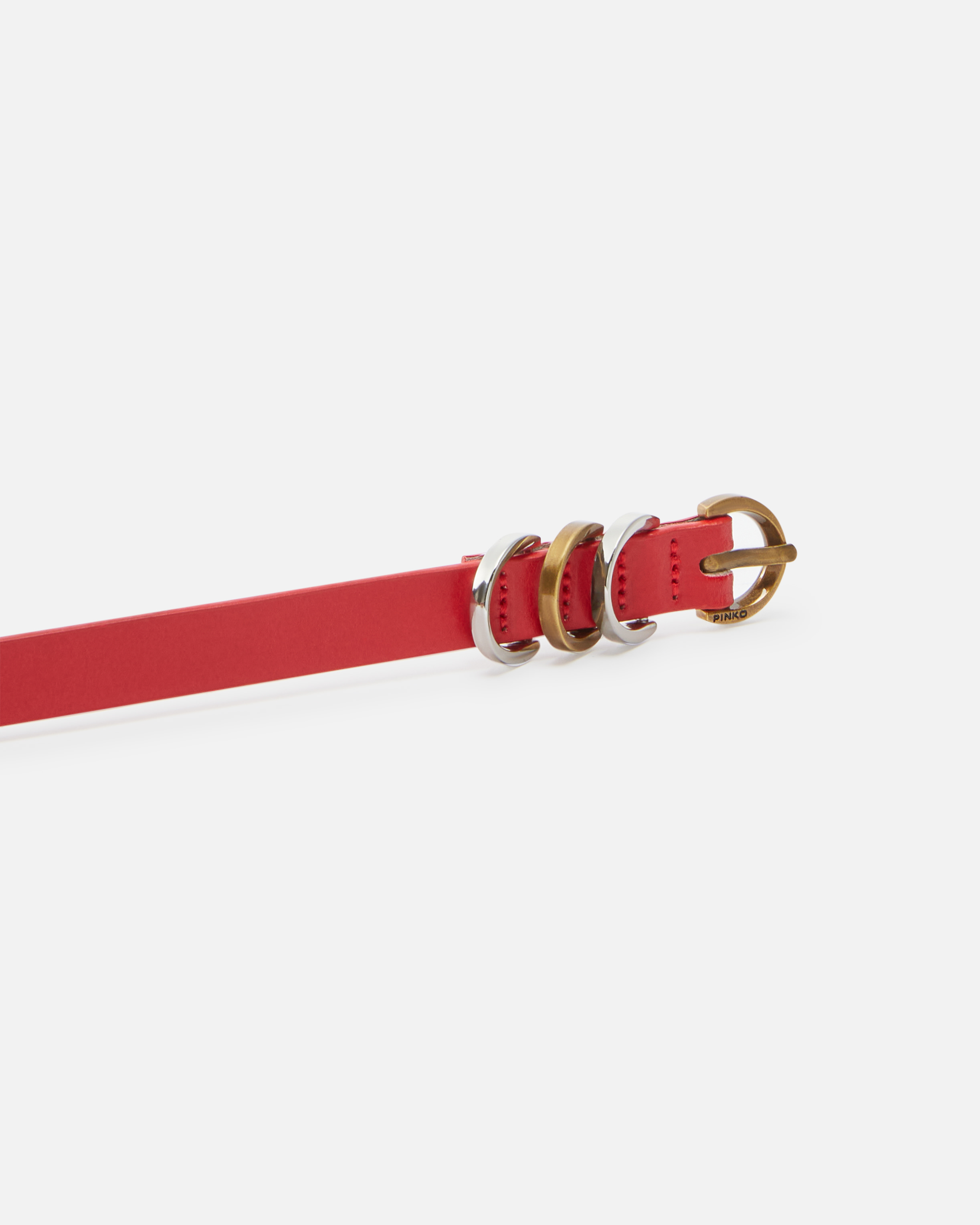 Pinko Thin Leather Belt With Metal Rings In Rosso-mix Gal. Gold-nikel