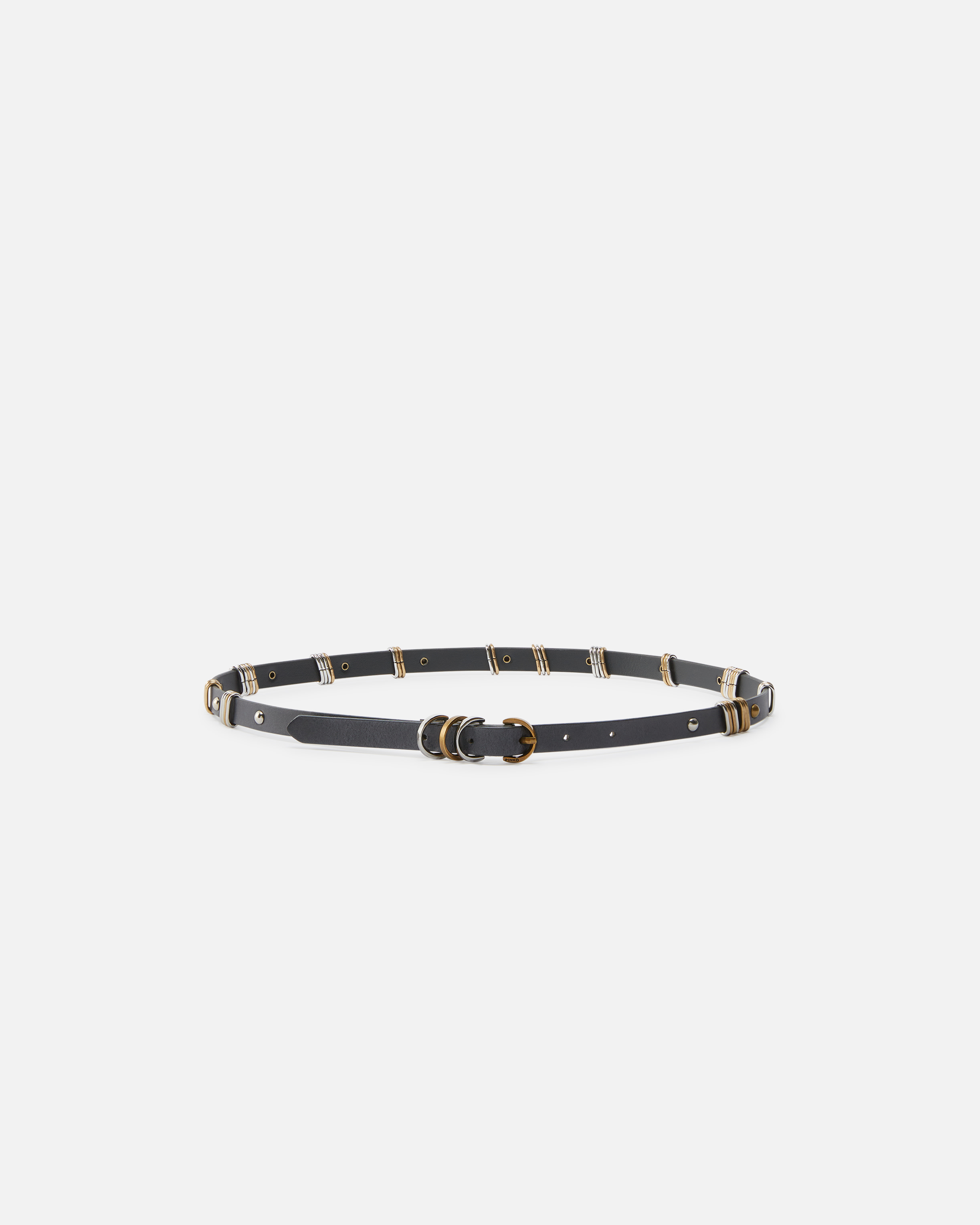 Pinko Thin Leather Belt With Metal Rings In Nero-mix Gal. Gold Nikel