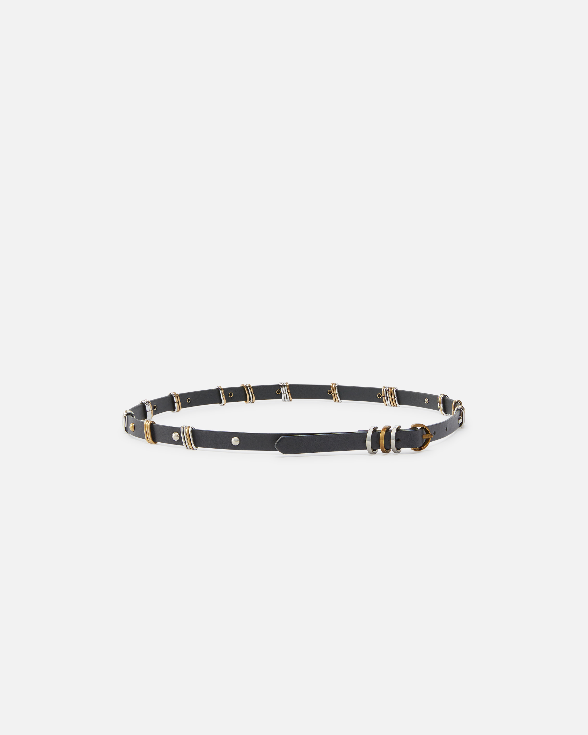 Pinko Thin Leather Belt With Metal Rings In Nero-mix Gal. Gold Nikel