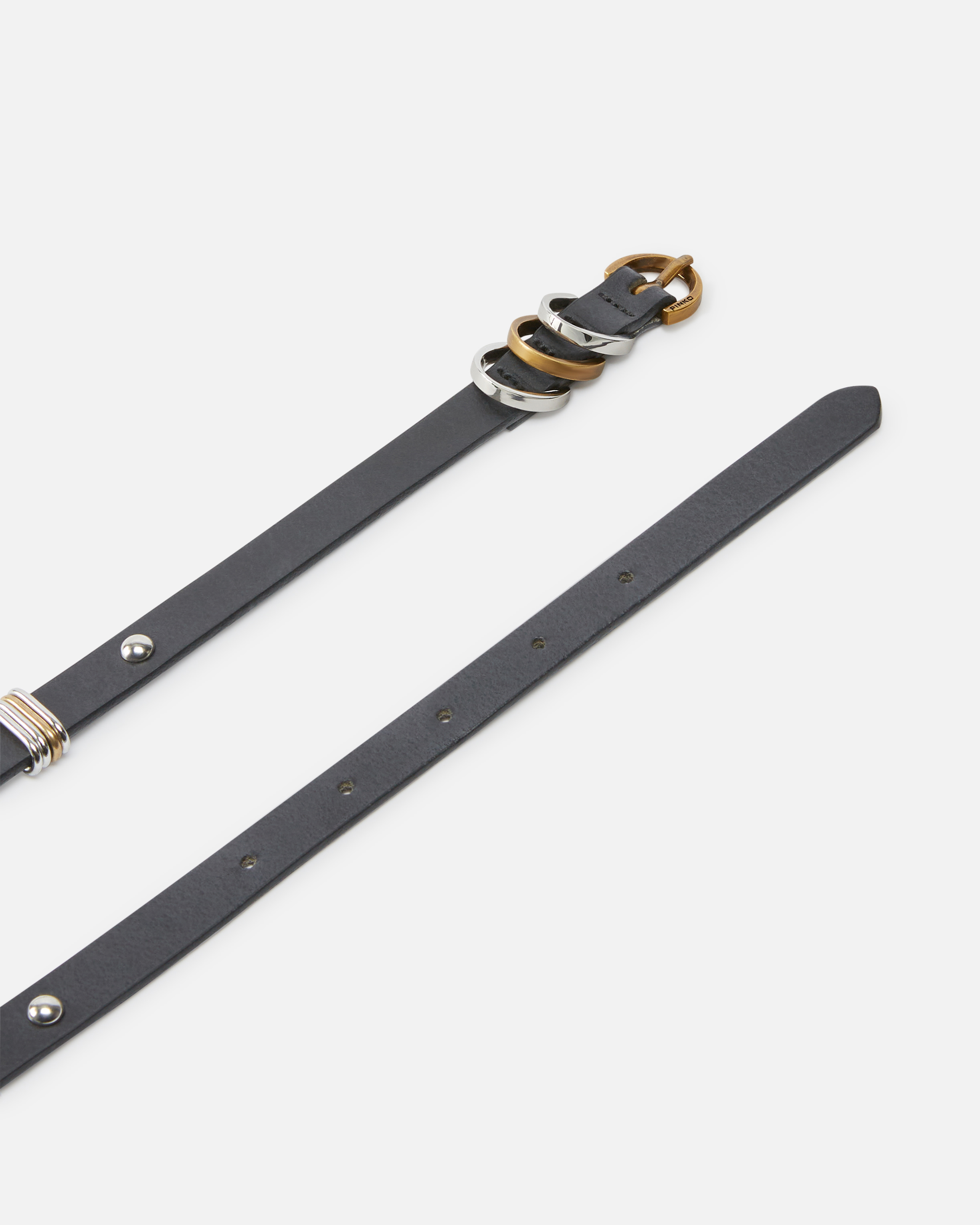 Pinko Thin Leather Belt With Metal Rings In Nero-mix Gal. Gold Nikel
