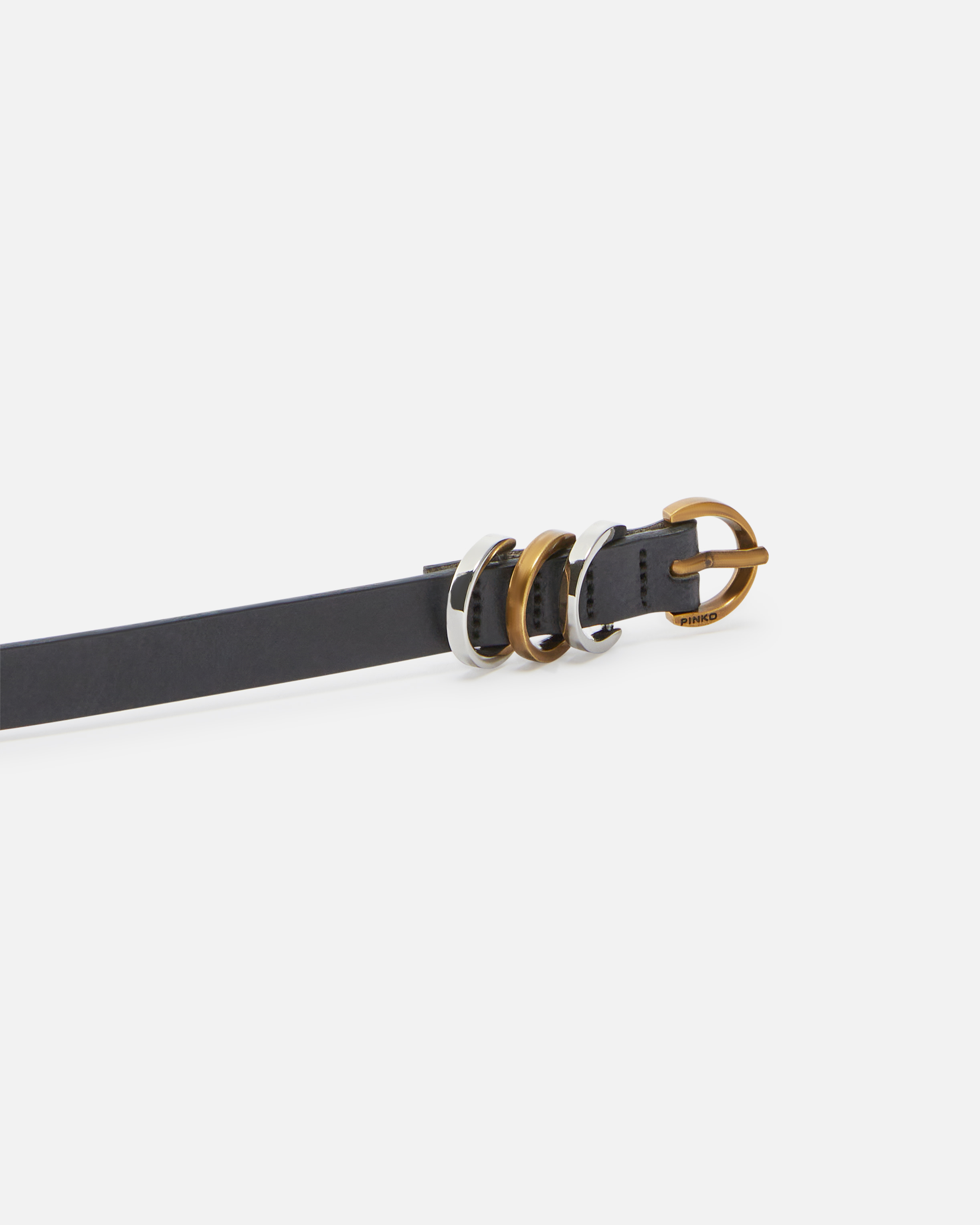 Pinko Thin Leather Belt With Metal Rings In Nero-mix Gal. Gold Nikel