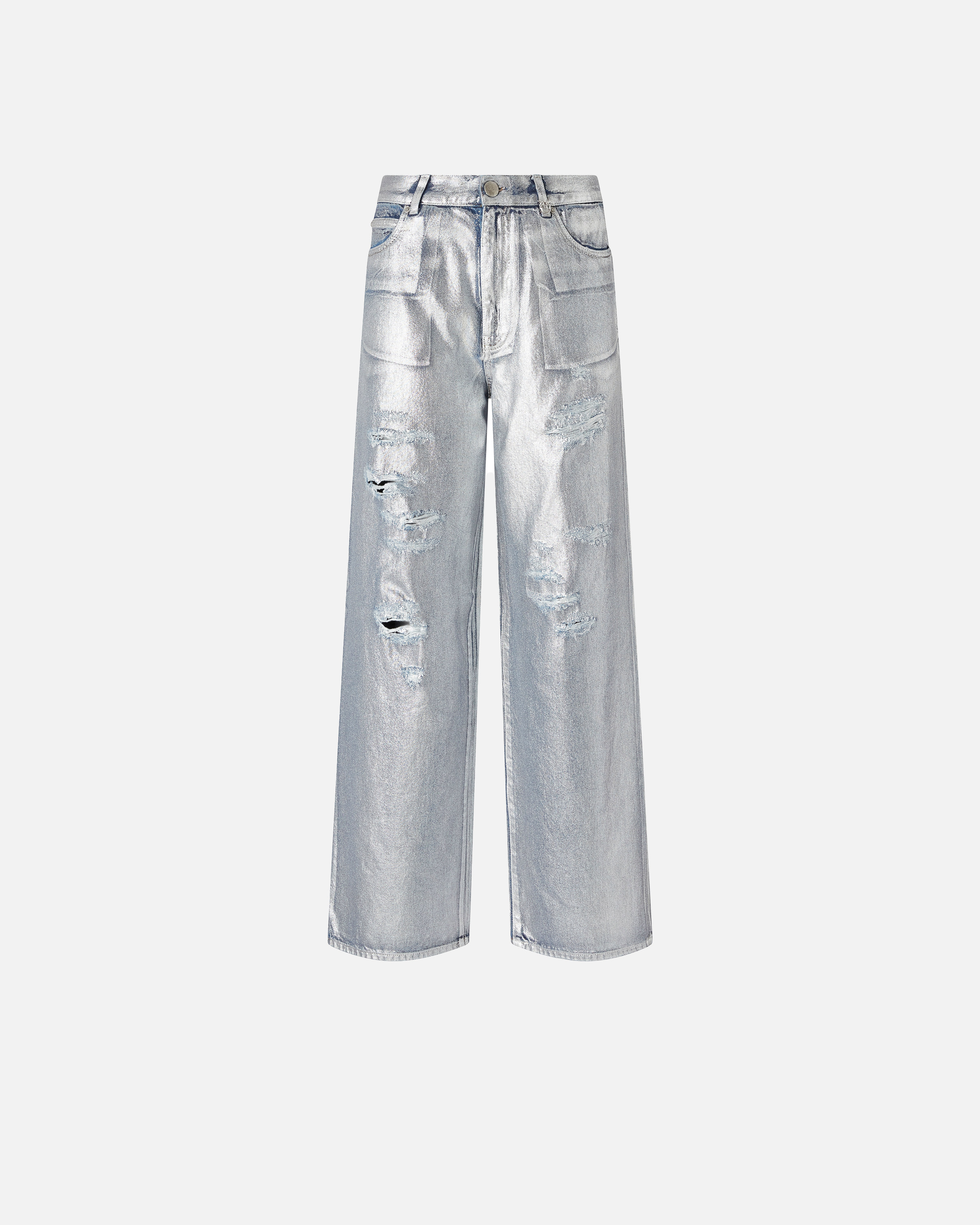 Pinko Loose-fit Laminated Denim Jeans In Silver