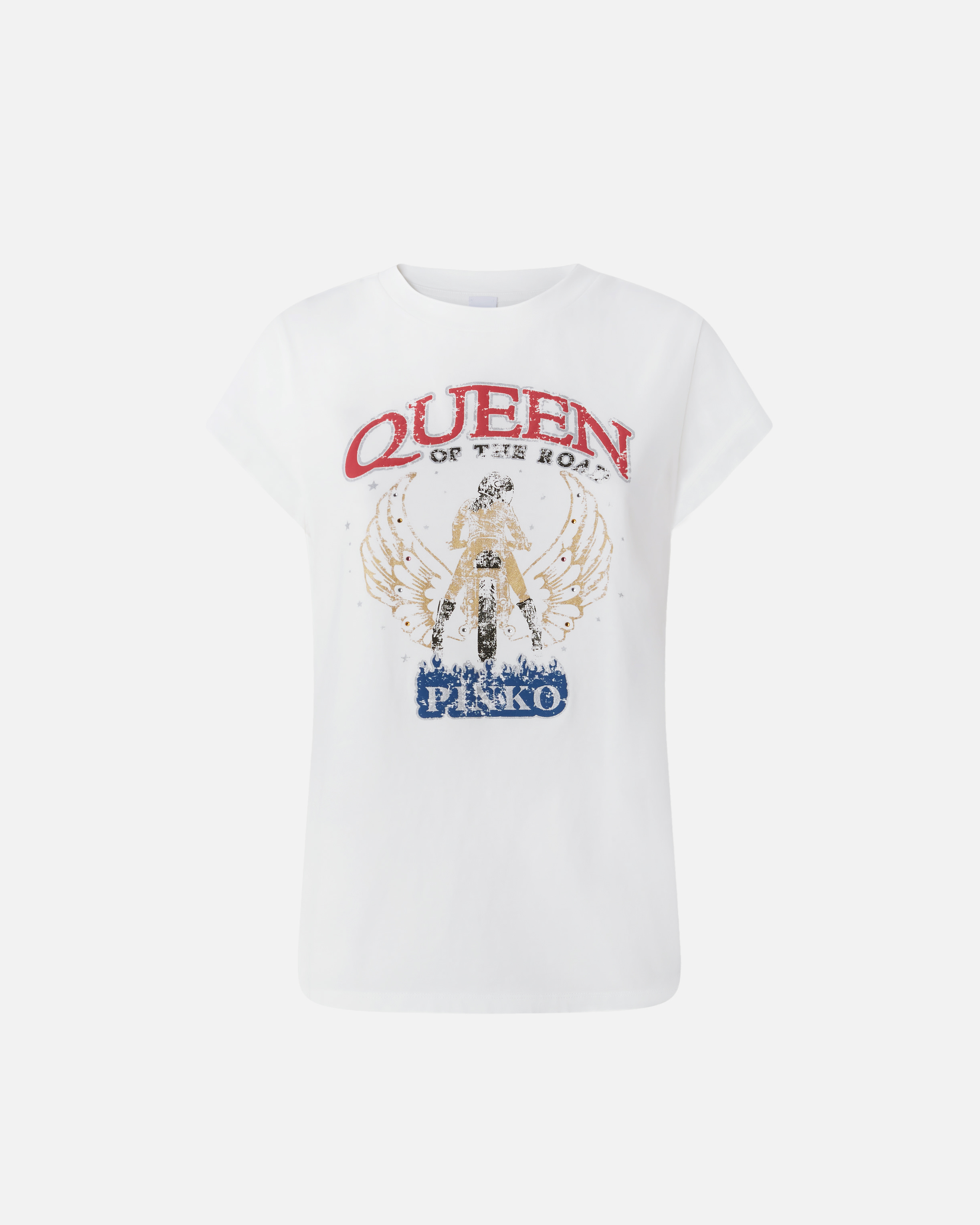 Pinko Queen Of The Road Biker Print T-shirt In Bianco-biancaneve