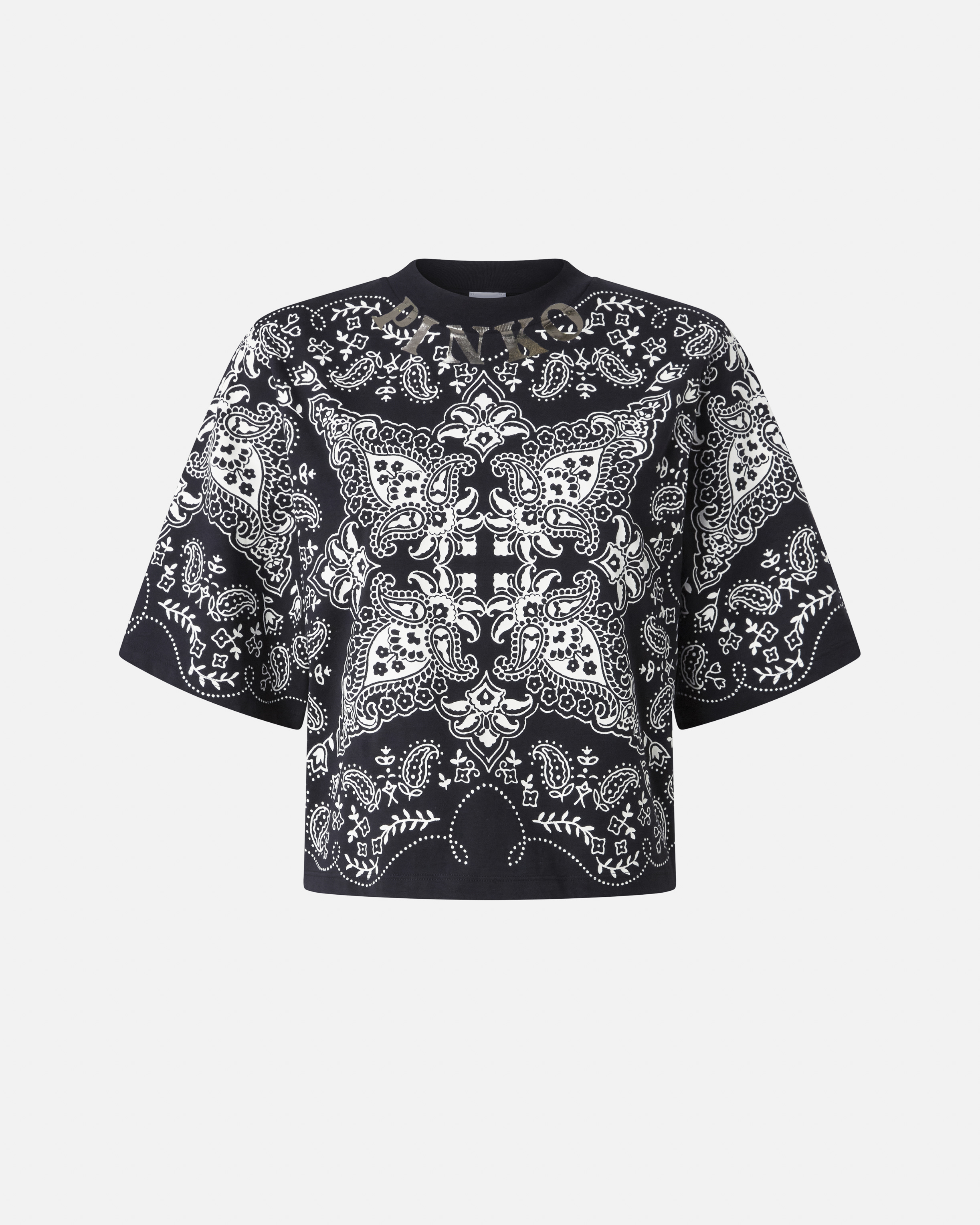 Pinko Crew Neck Paisley Pattern Short Sleeves Tops In White/grey/pale Blue
