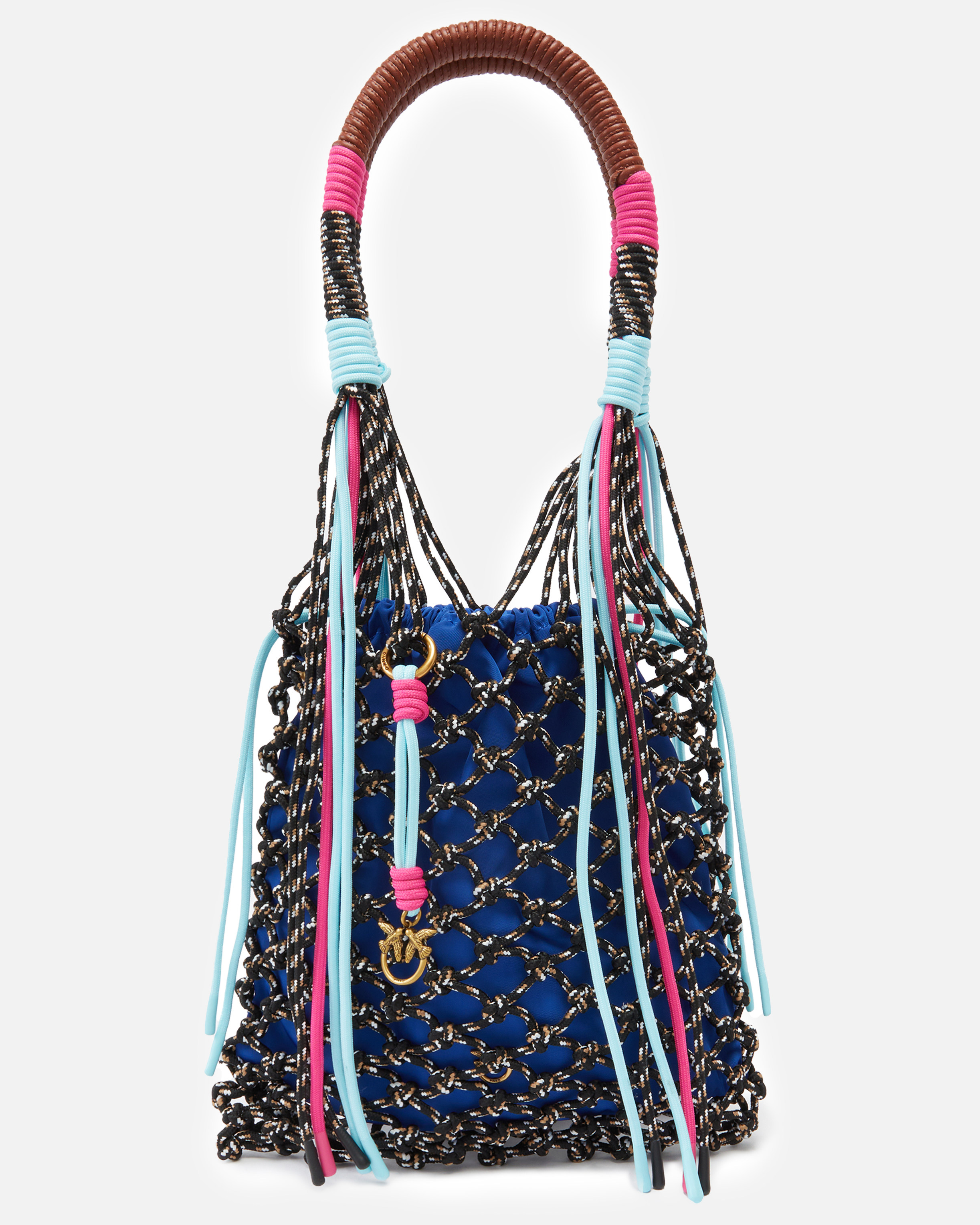 Medium multicoloured mesh handbag with cords and logo charm