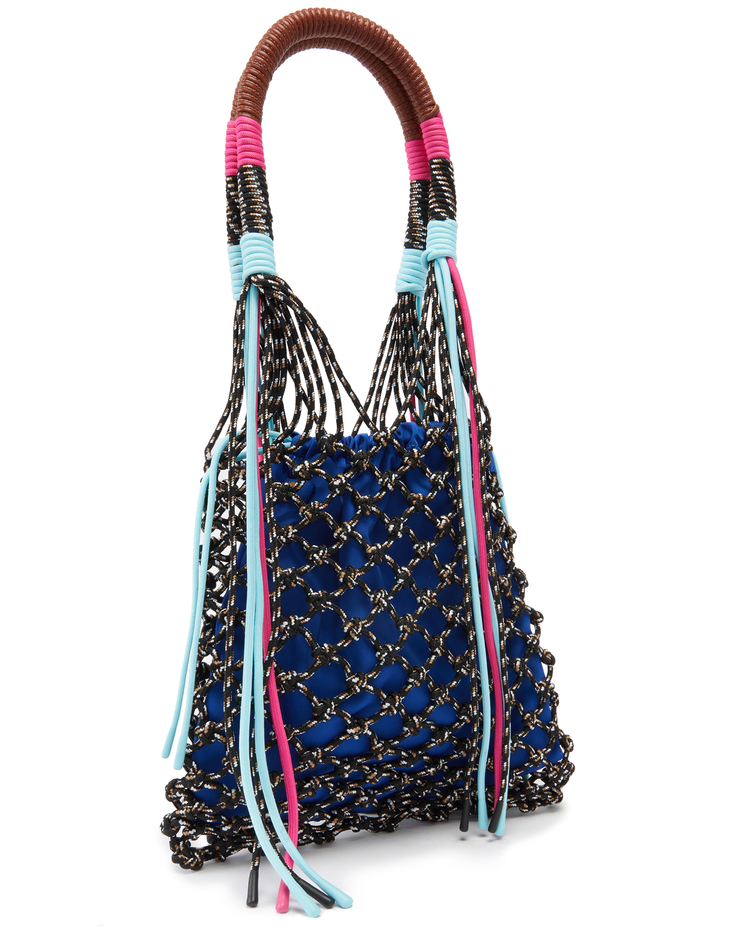 Medium multicoloured mesh handbag with cords and logo charm