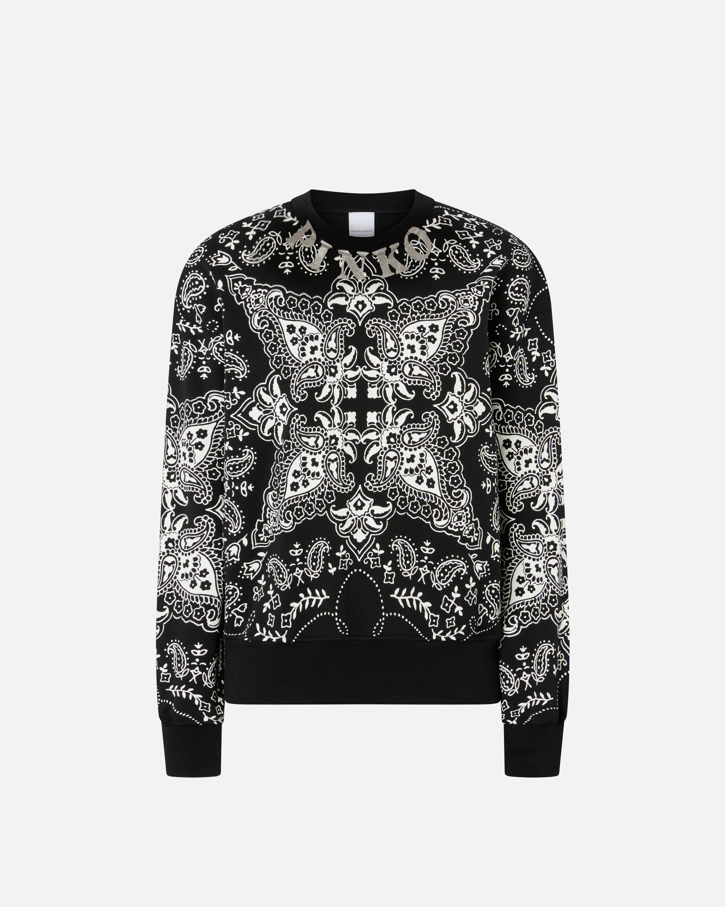 Pinko Cotton Sweatshirt With Bandana Print In Multi Nero/ecru/argento