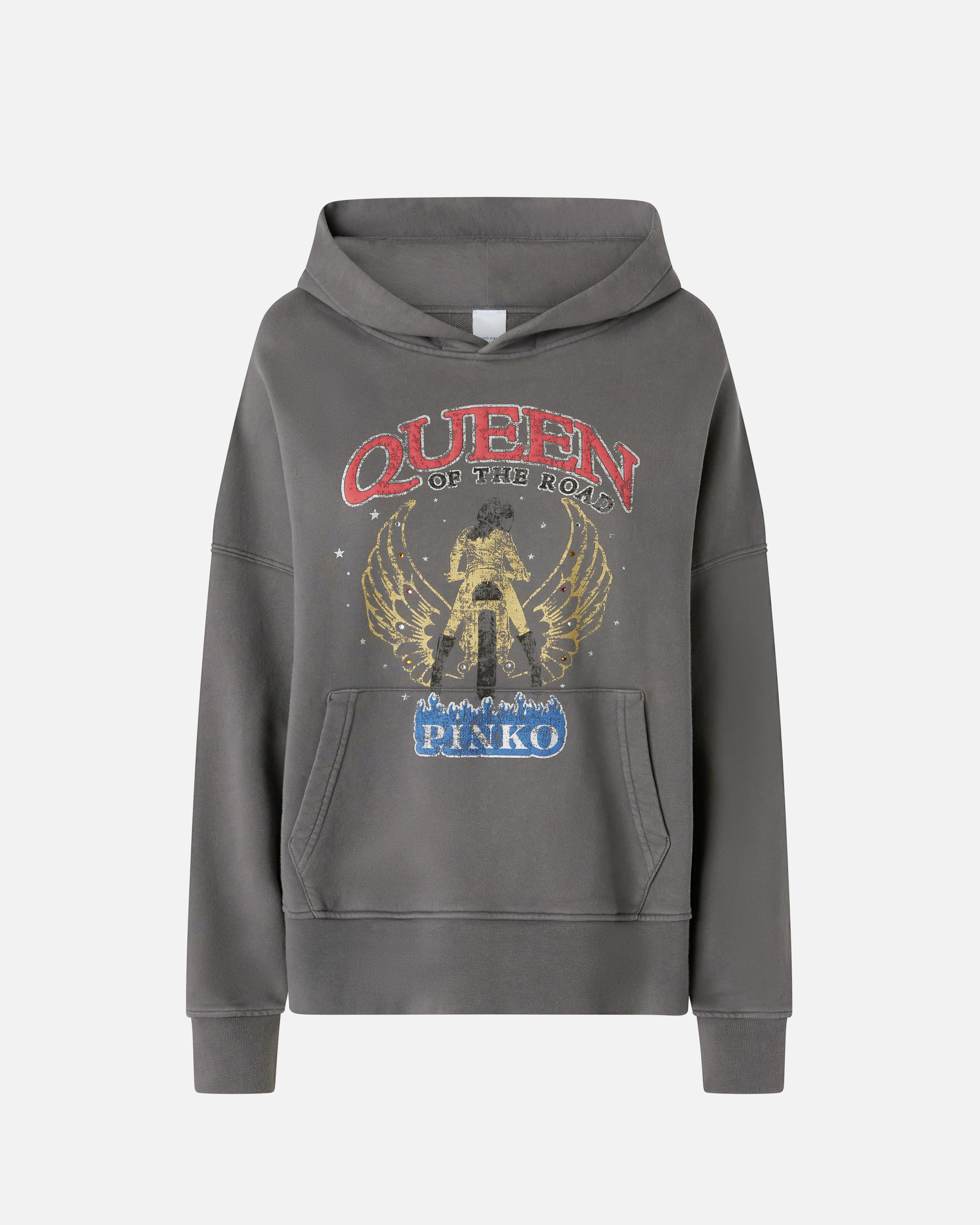 Pinko Motorbike Rider-print Oversized Hoodie In Grey-dark Seagull