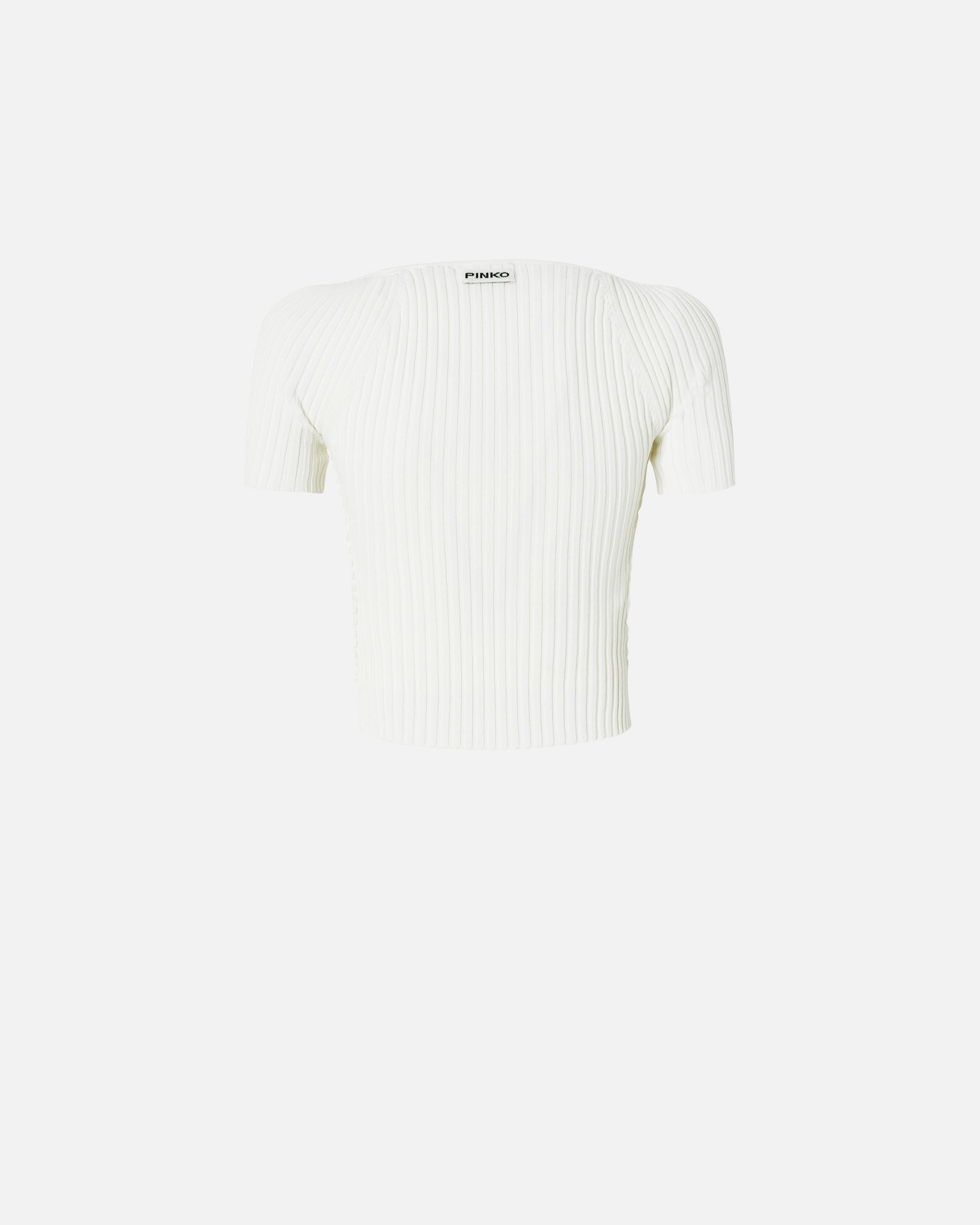Pinko Cropped White Ribbed Viscose Blend T-shirt