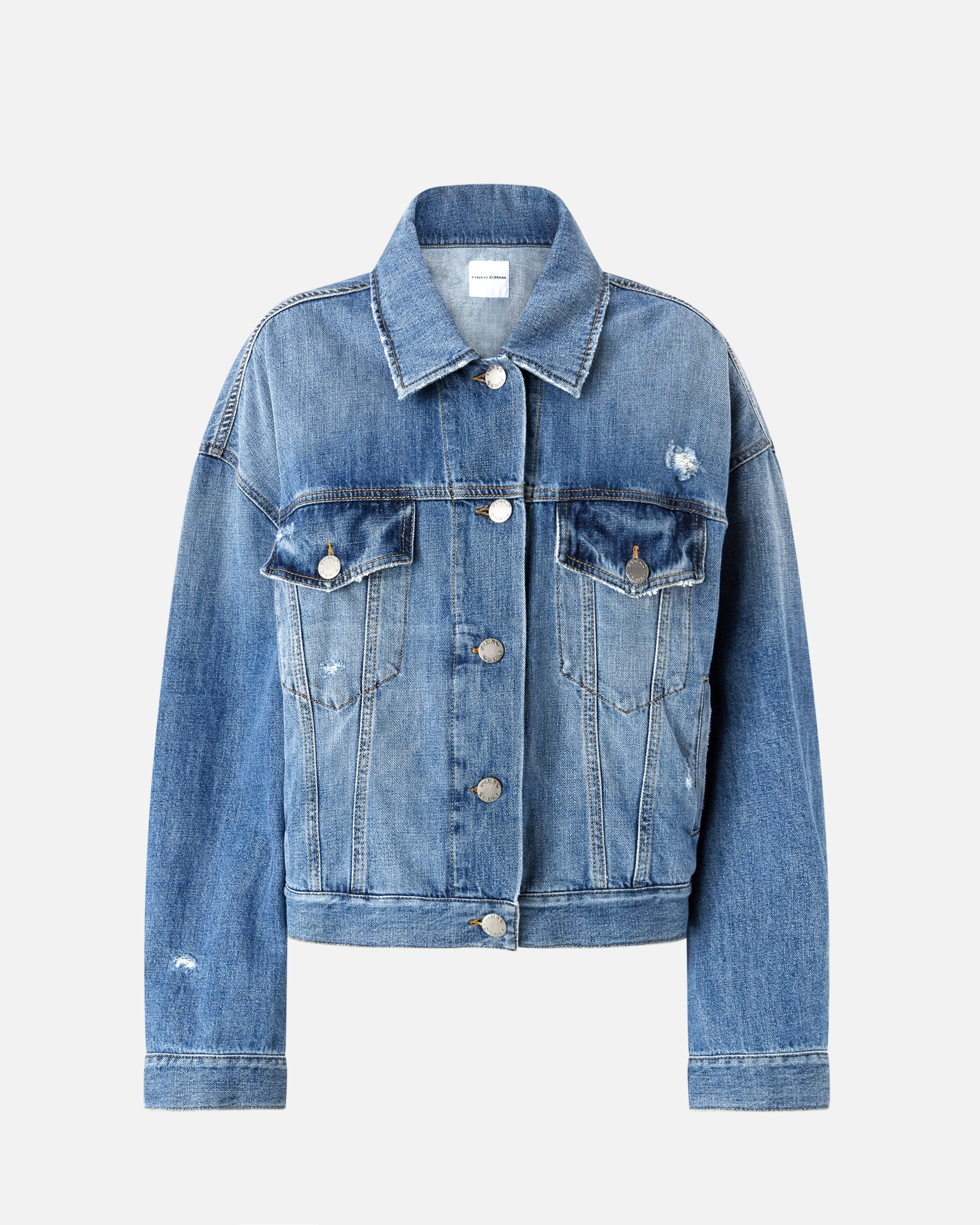 Pinko Denim Jacket Distressed Flap Pockets In Vintage Wash