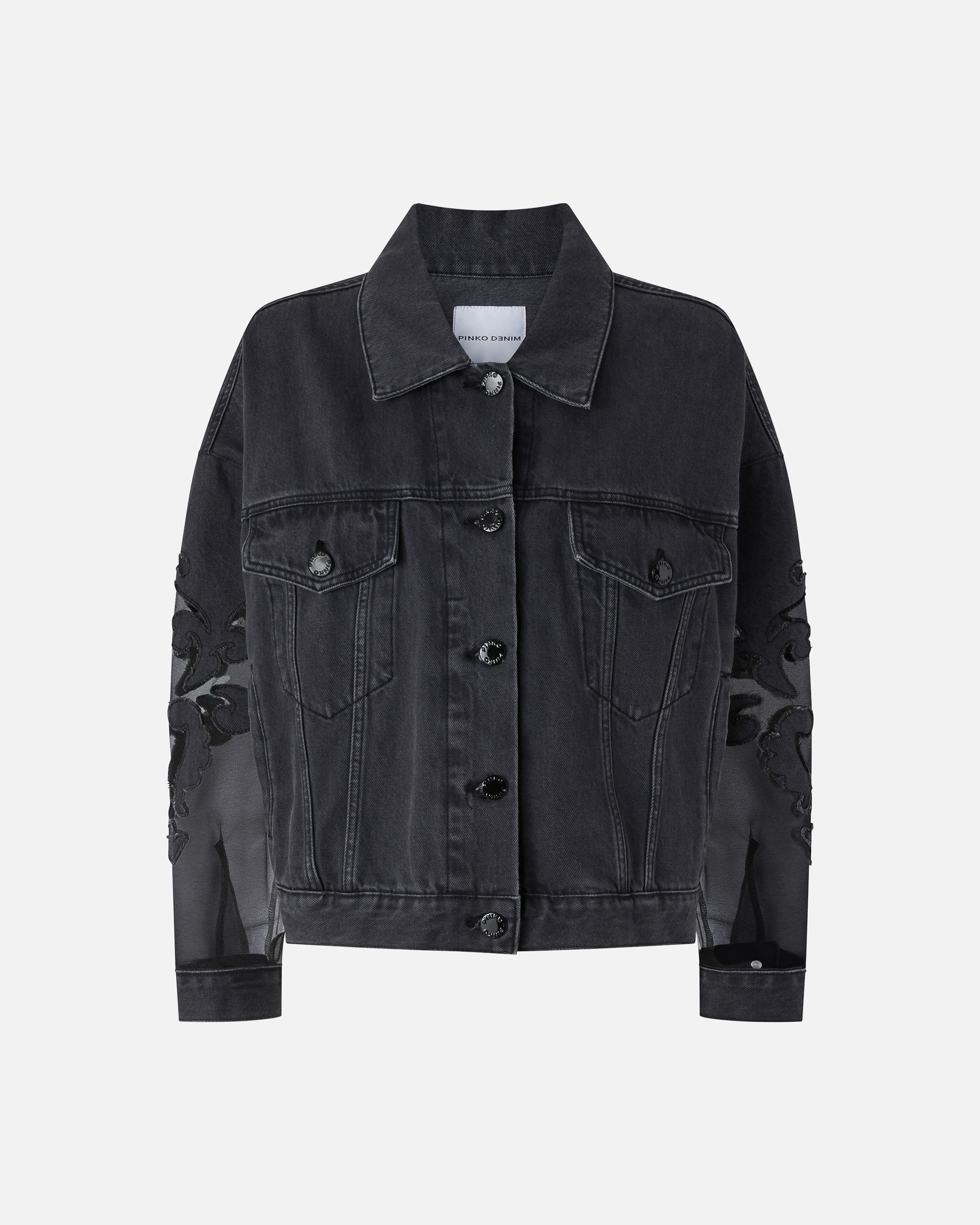 Pinko Black Denim Jacket With Organza Sleeves In Nero Limousine