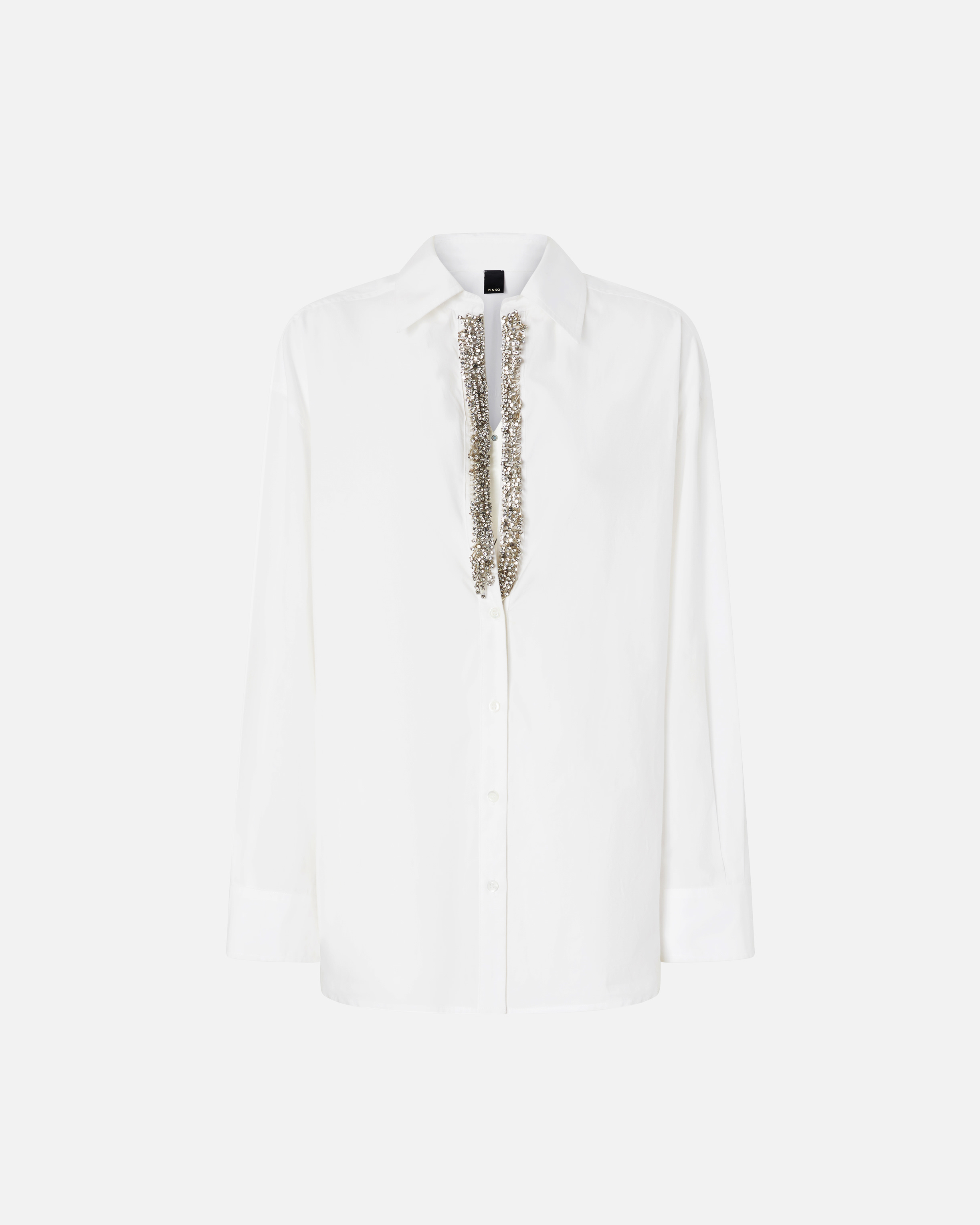 Pinko White V-neck Shirt With Rhinestones In Bright White