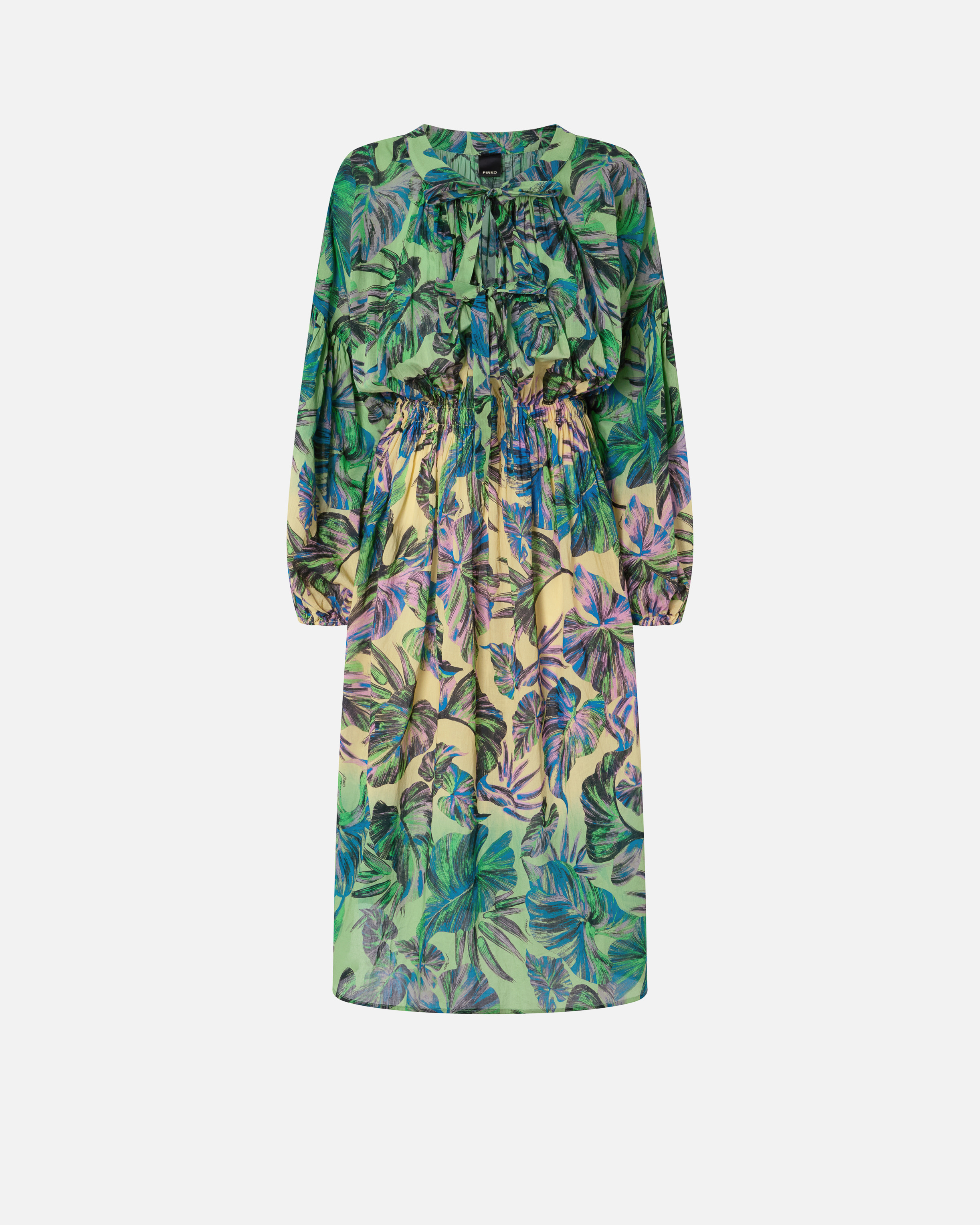 Pinko Wide Midi Dress With Tropical-leaf Motif In Multi. Yellow/pink