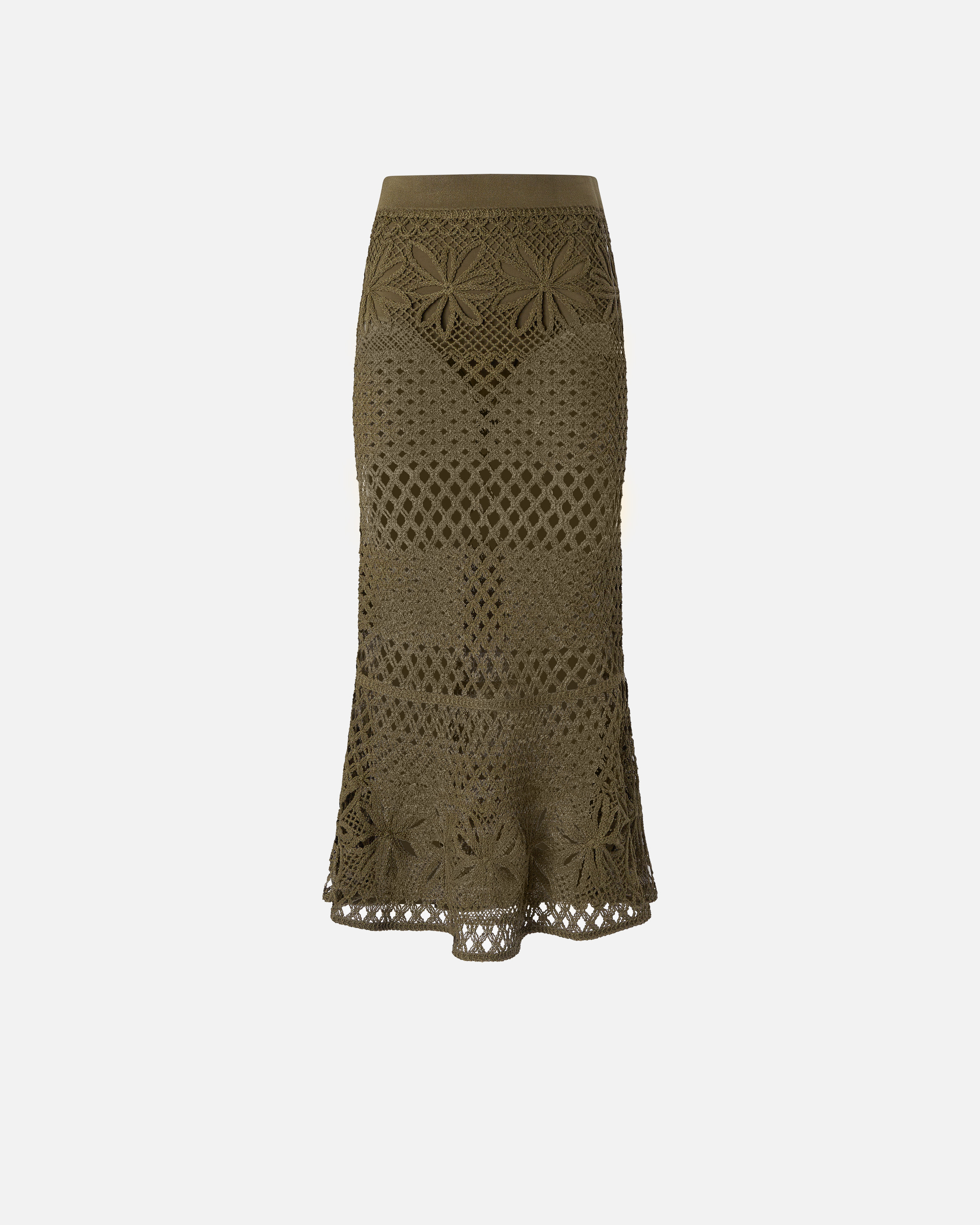 Pinko Long Skirt Made Of Viscose Blend With Patterned Crochet Effect In Olive Militaire