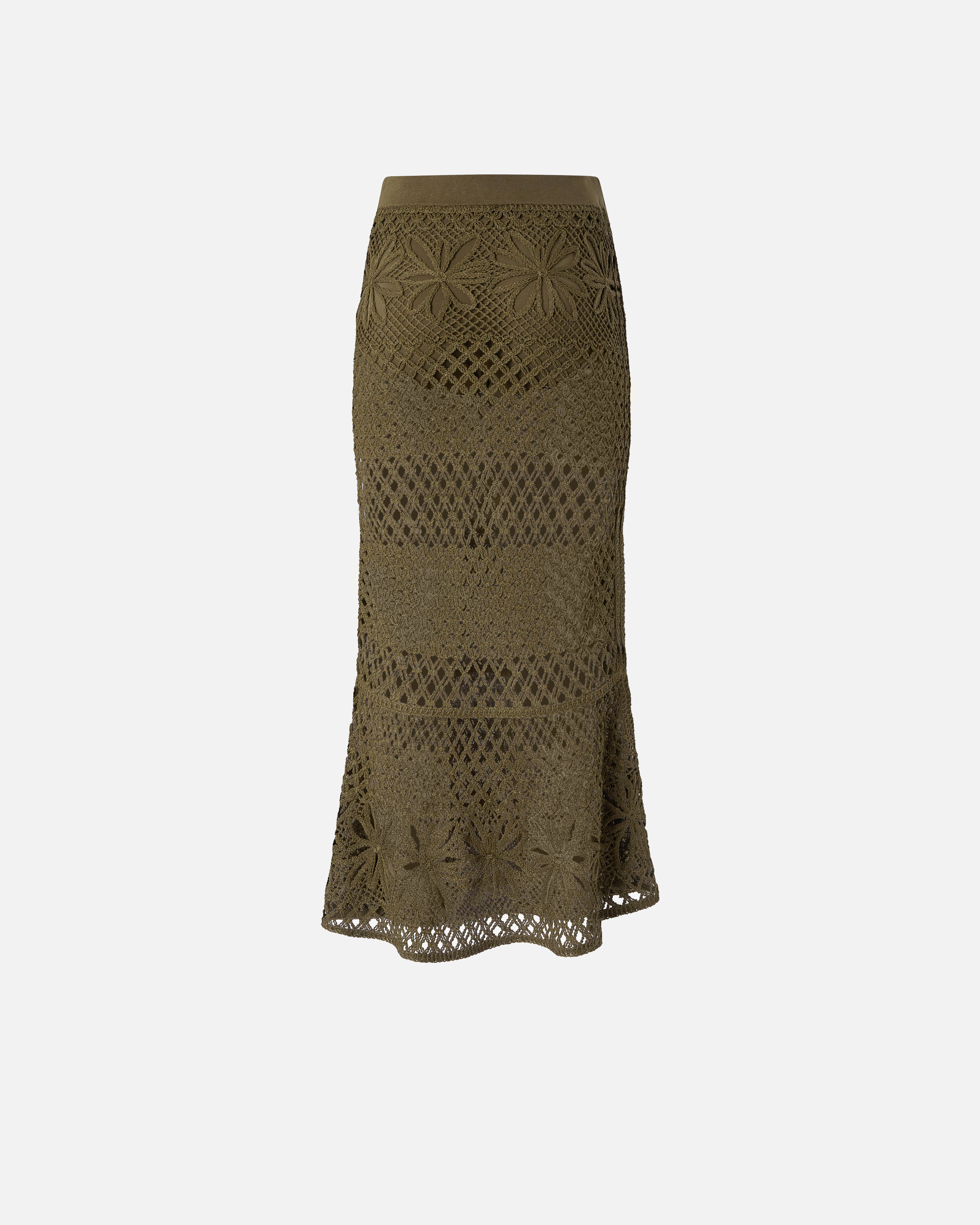 Pinko Long Skirt Made Of Viscose Blend With Patterned Crochet Effect In Olive Militaire