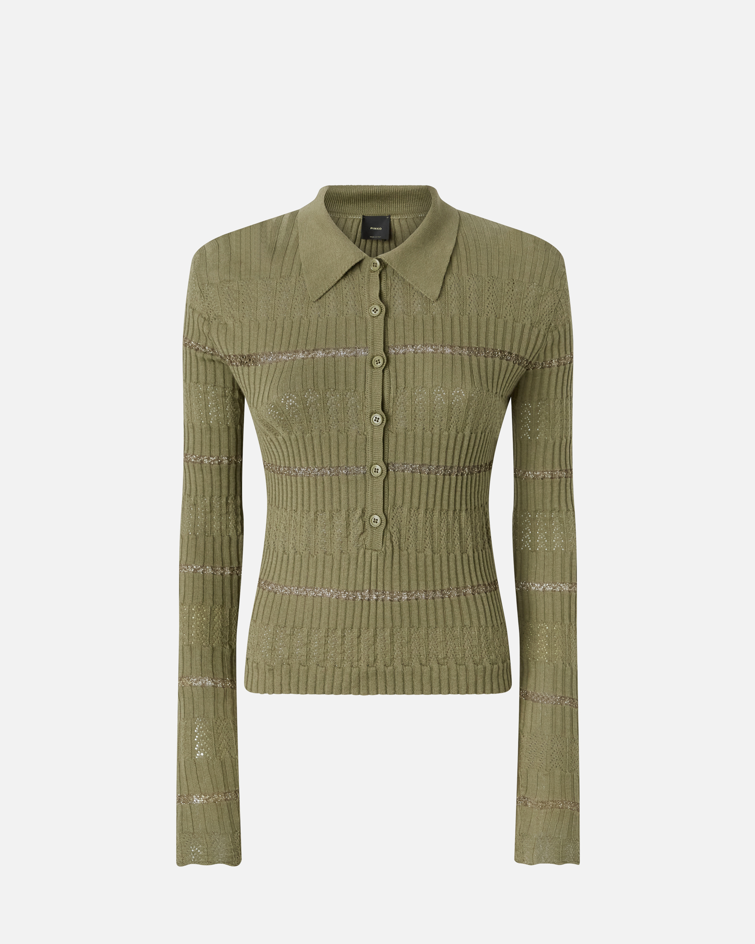 Pinko Long-sleeved Polo Shirt With Metallic Stripe In Lichen Green