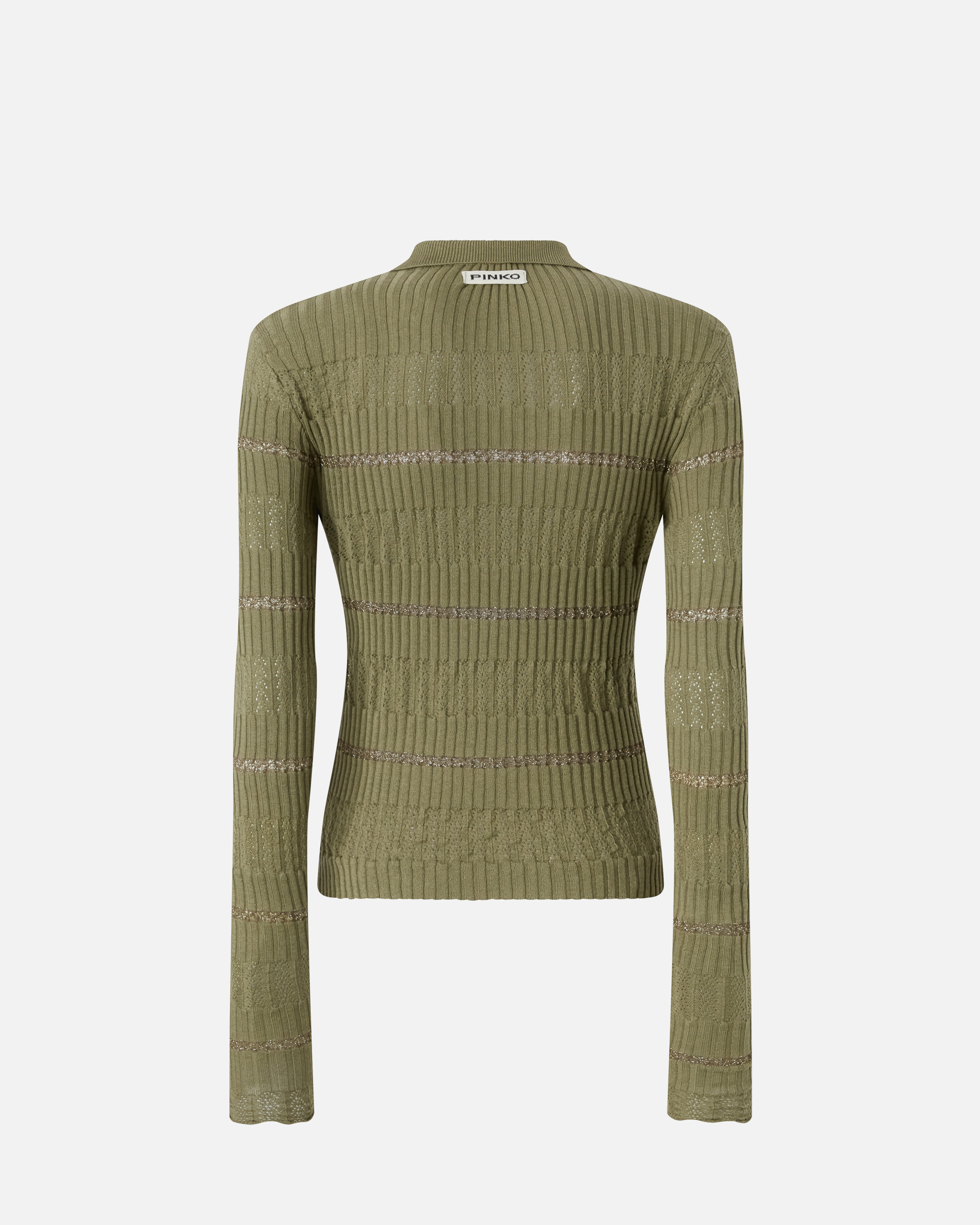 Pinko Long-sleeved Polo Shirt With Metallic Stripe In Lichen Green