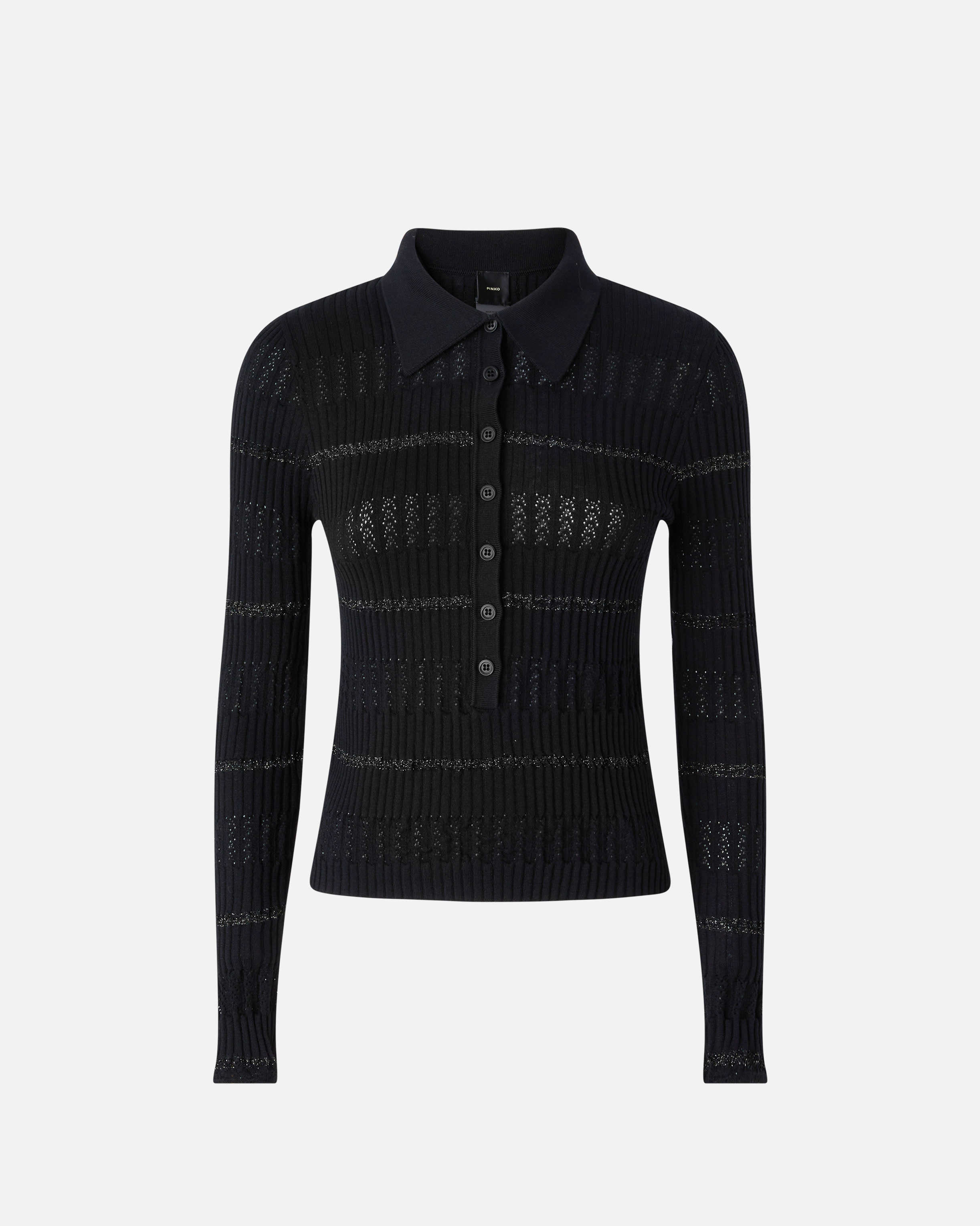 Pinko Long-sleeved Polo With Metallic Stripe In Nero Limousine