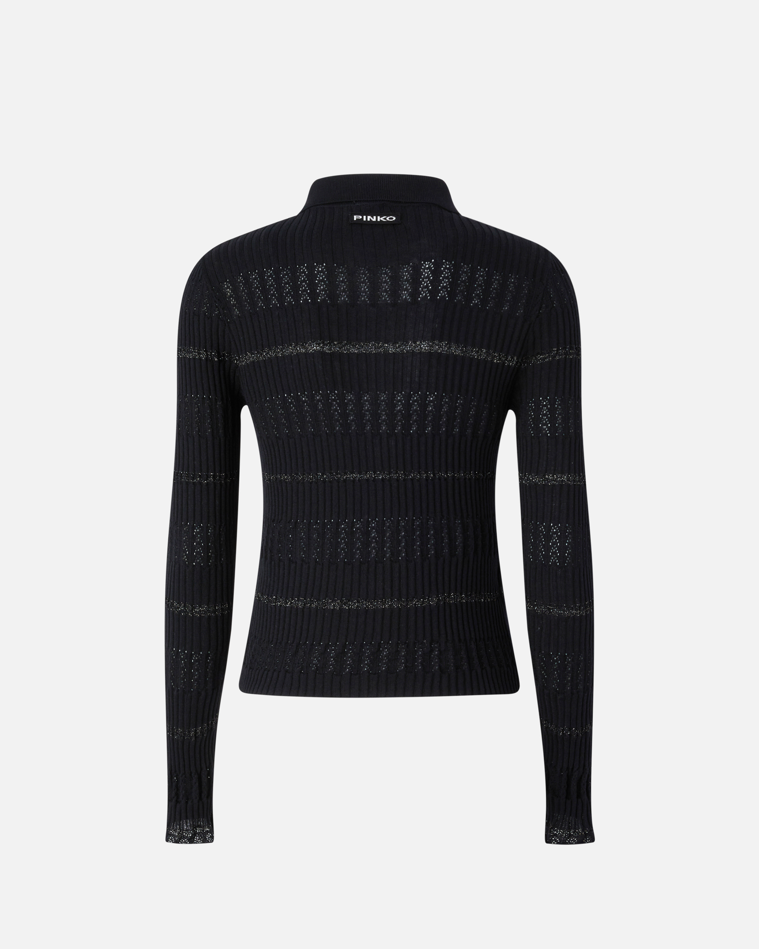 Pinko Long-sleeved Polo With Metallic Stripe In Nero Limousine