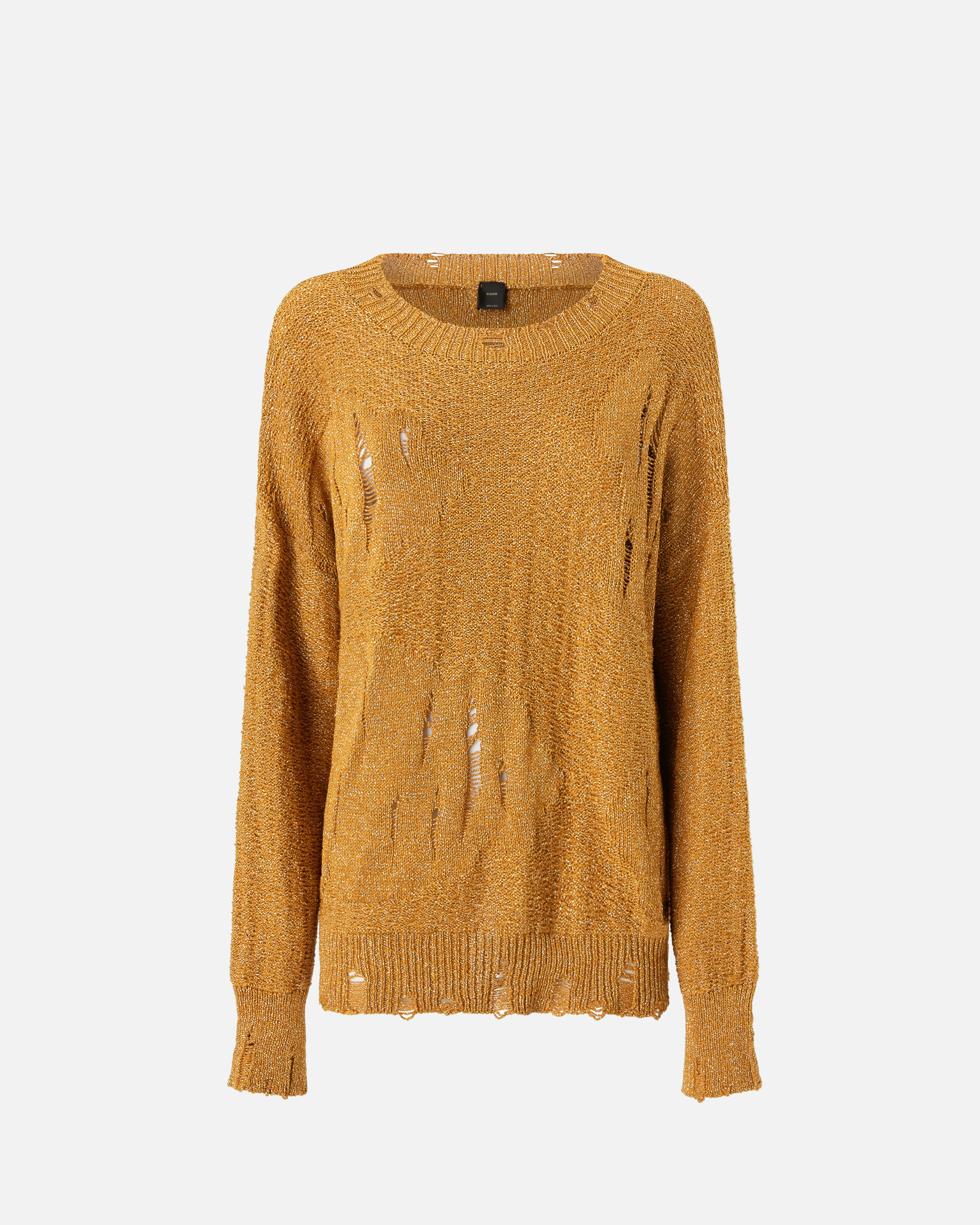 Pinko Long Metallic Jacquard Sweater With Tears In Mustard/pale Gold