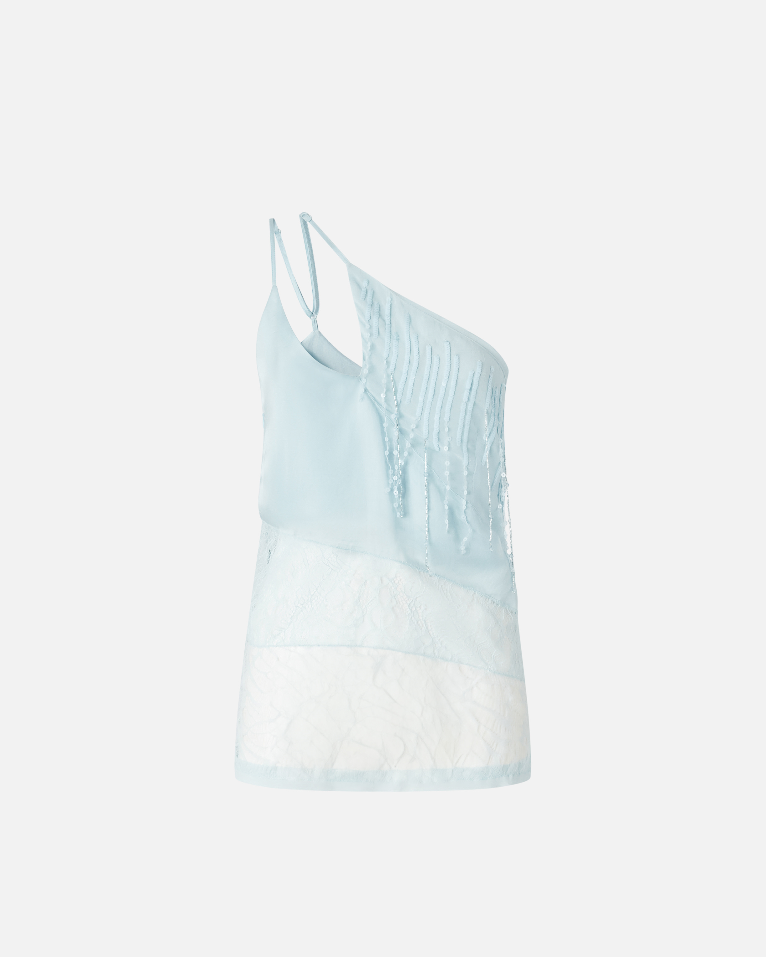 Pinko One-shoulder Satin Top With Lace And Sequins In Blu Cristallo