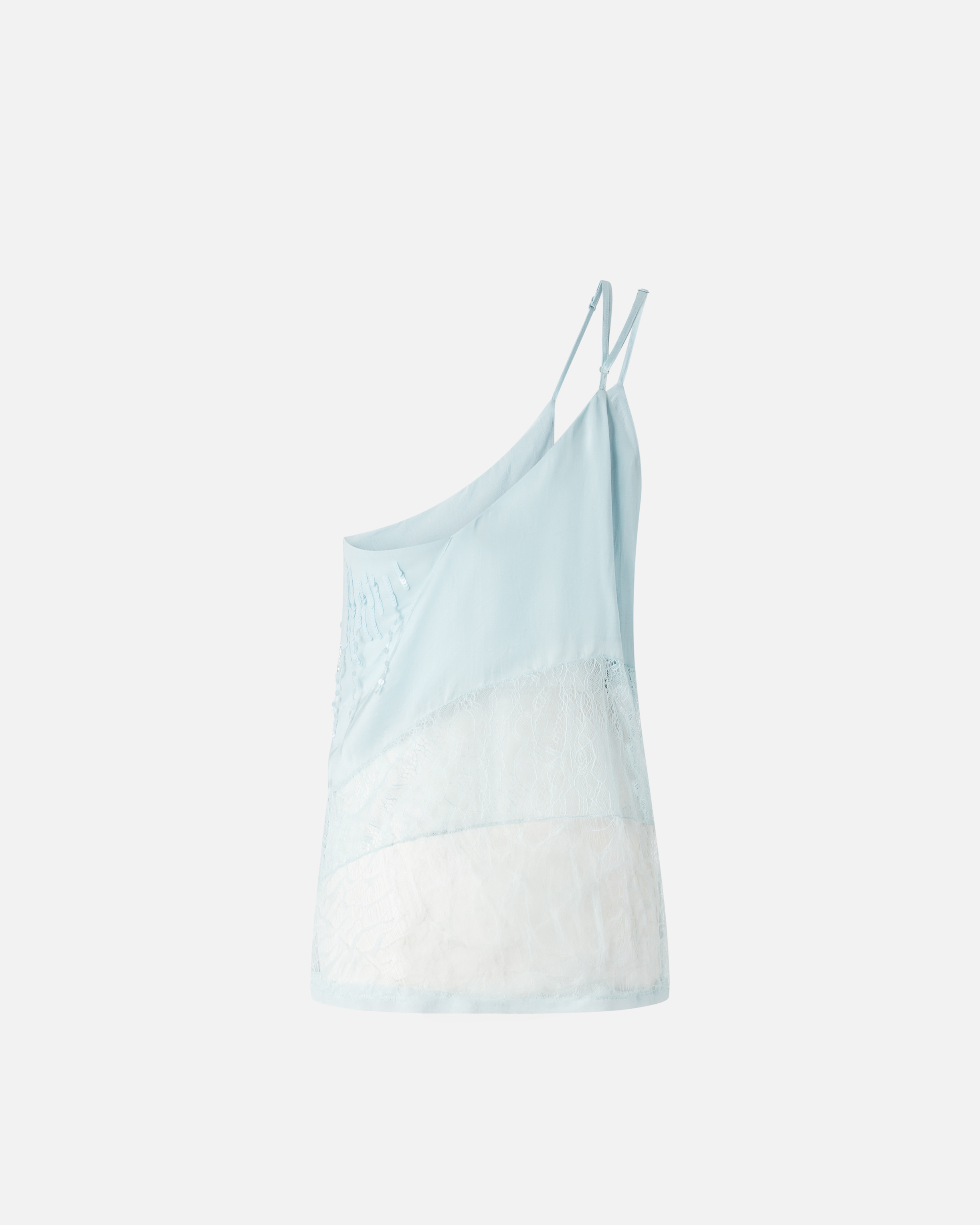 Pinko One-shoulder Satin Top With Lace And Sequins In Blu Cristallo