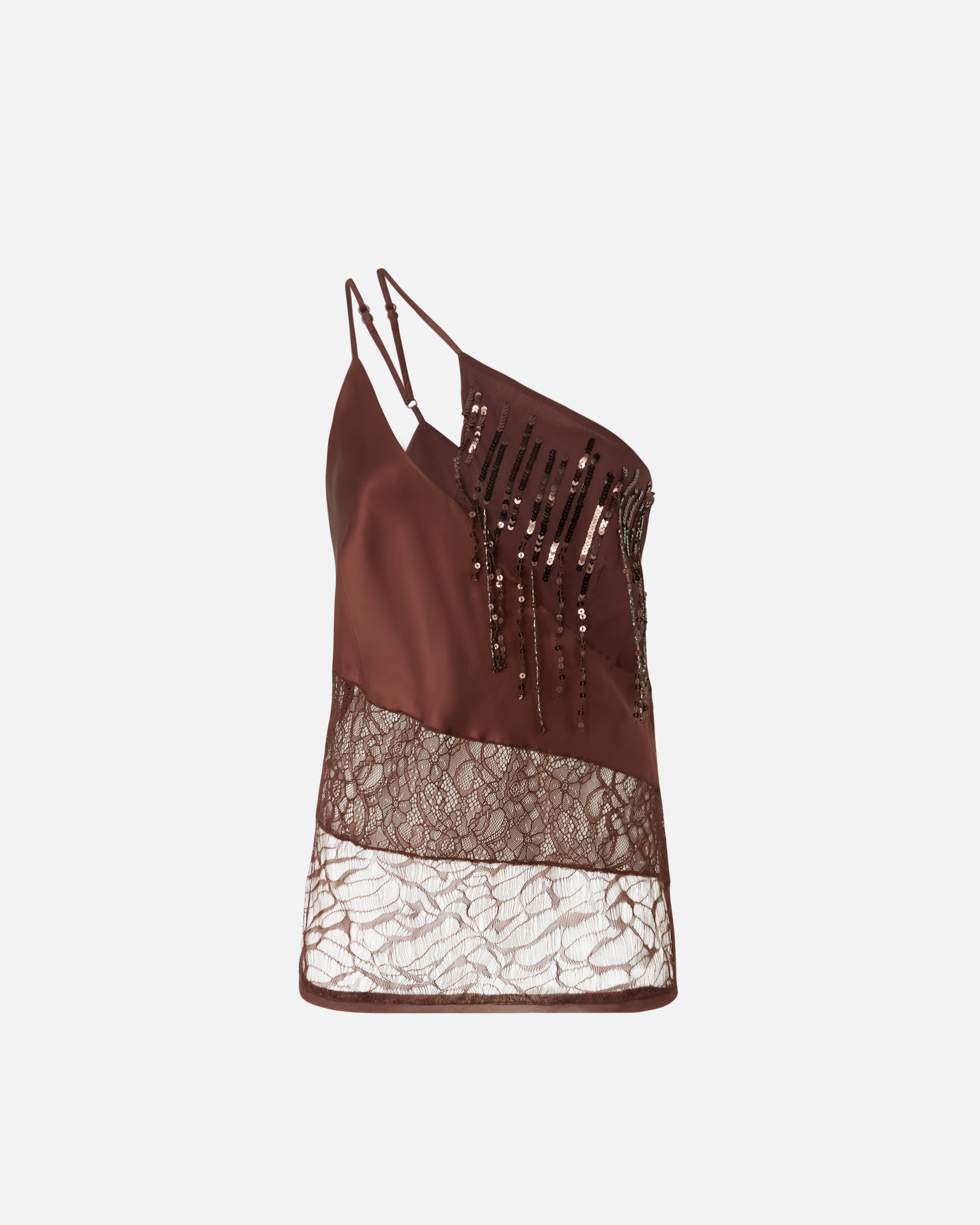 Pinko One-shoulder Satin Top With Lace And Sequins In Marrone Terra X Piante