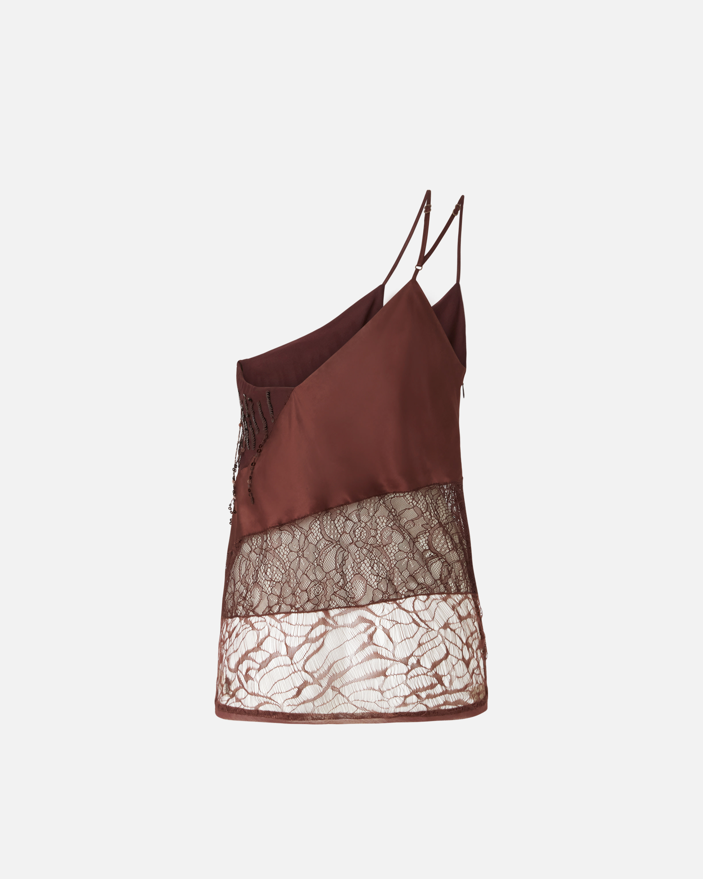 Pinko One-shoulder Satin Top With Lace And Sequins In Marrone Terra X Piante