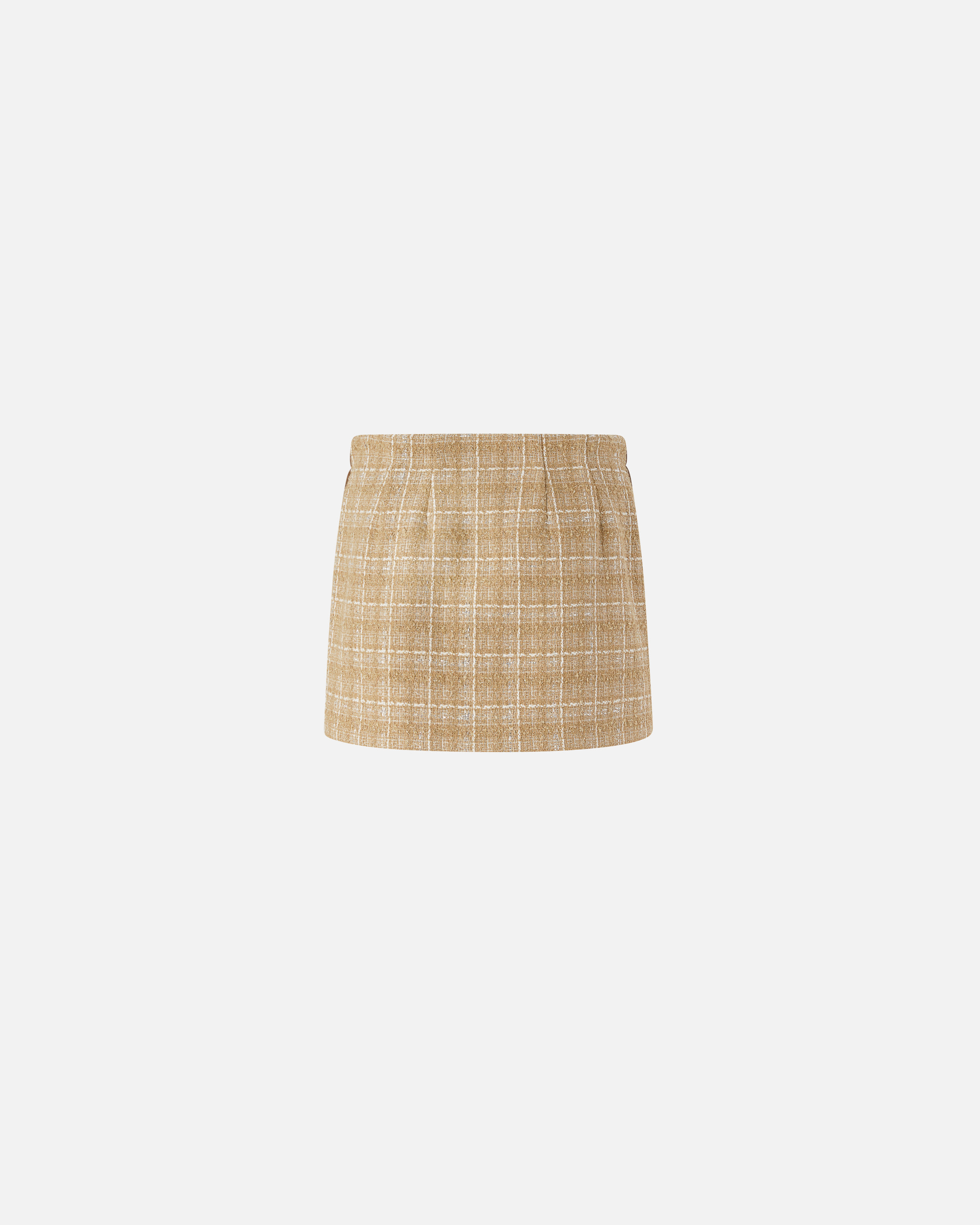 Pinko Tweed Miniskirt With Leatherette Profiles And Zip In Beige/grey/silver
