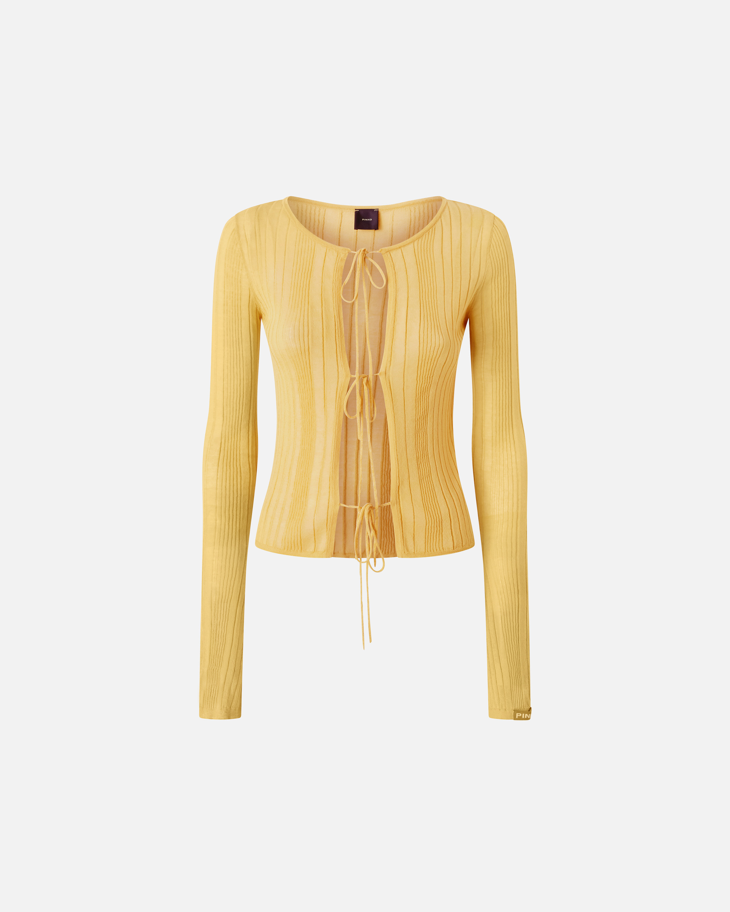 Pinko Open Ribbed Sweater With Front Ties In Rattan Yellow