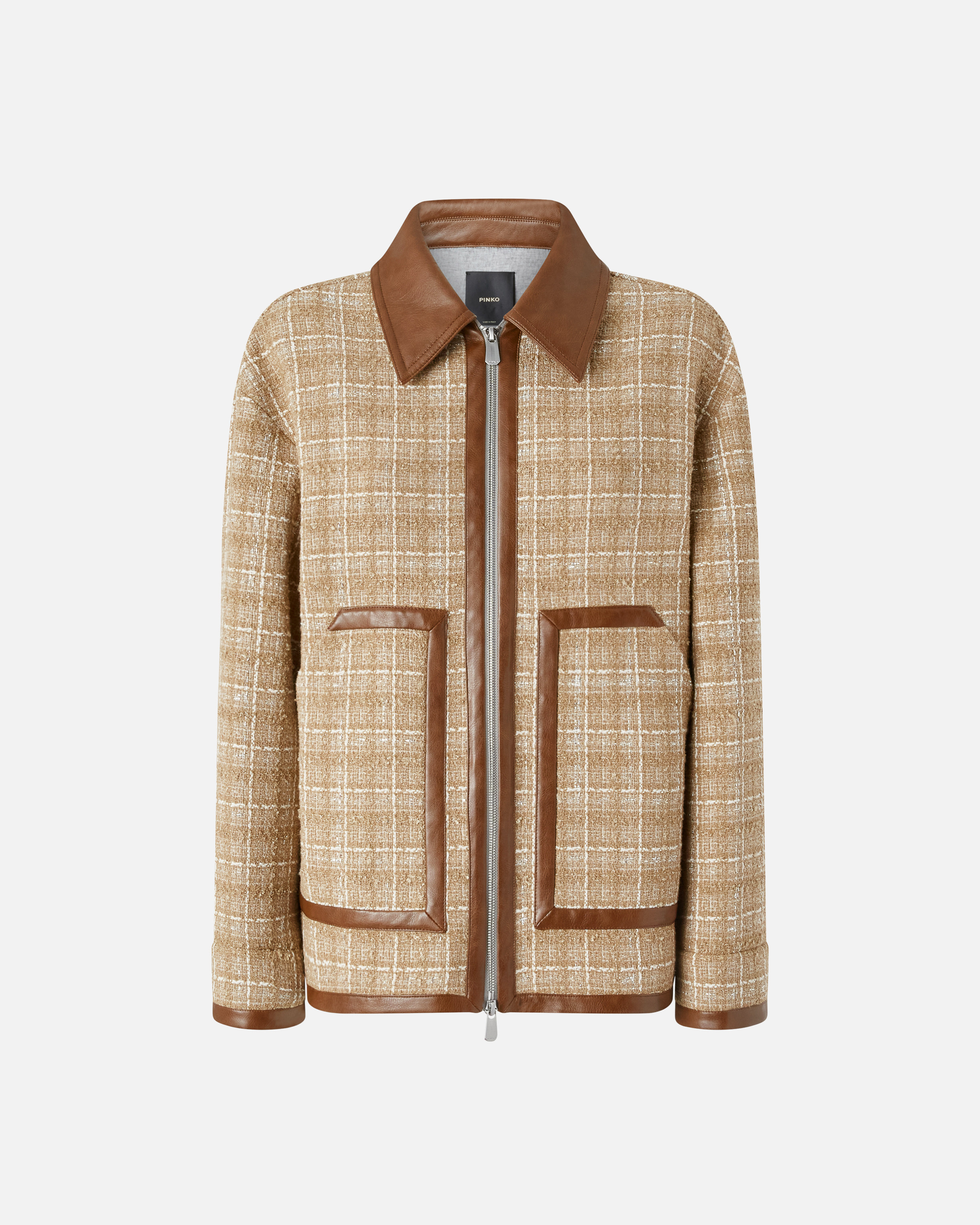 ジャケット PINKO Women Jackets 105012 A2I1M22 Brown Tweed blouson jacket with faux leather details and zip PINKO